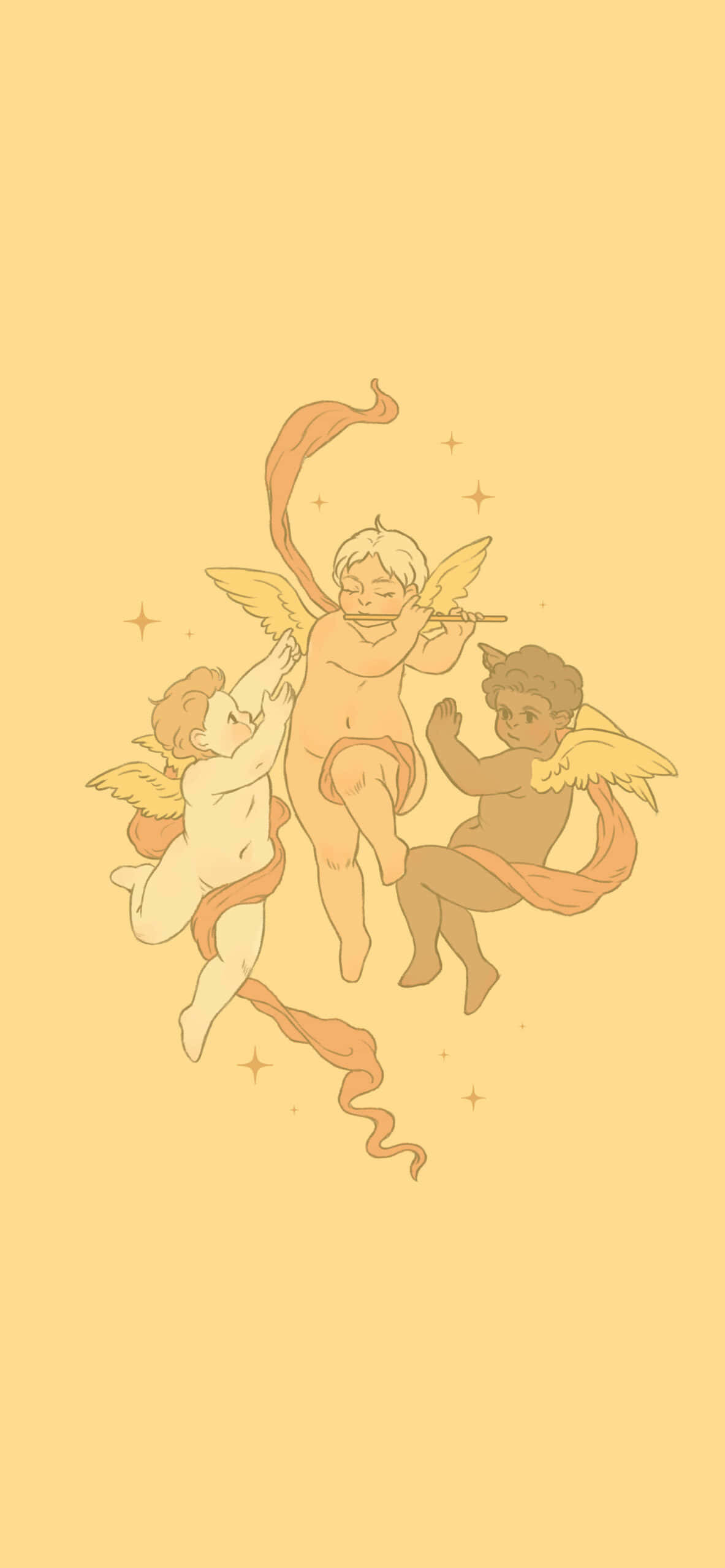 angelic, three winged cherubs, warm yellow backdrop, 2K Phone Wallpaper
