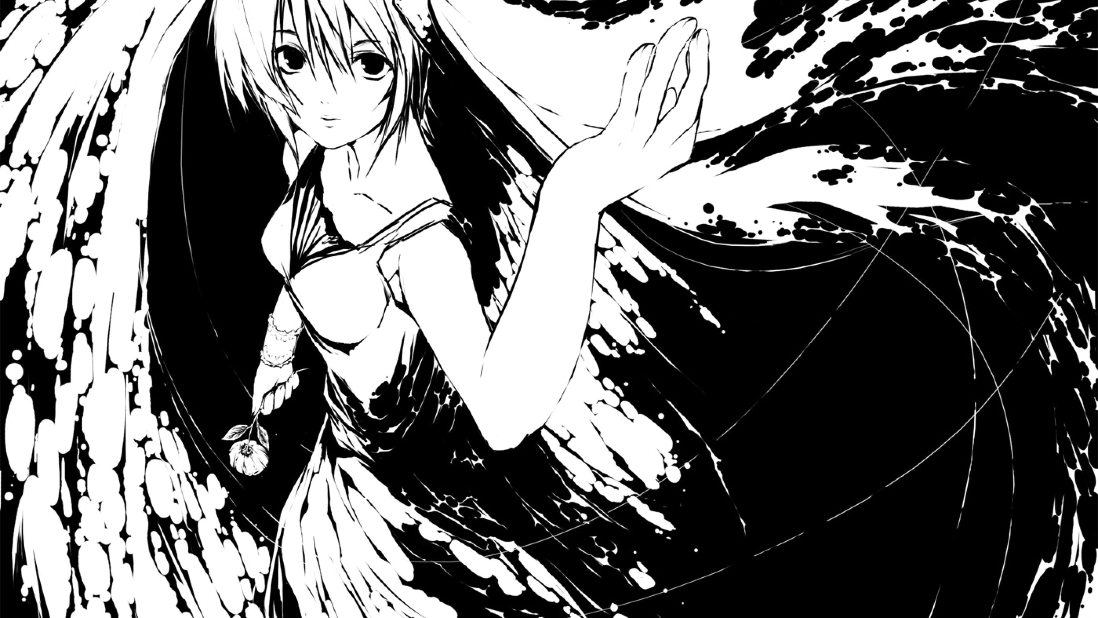 monochrome anime angel, black and white anime girl, dress, 4K Desktop Wallpaper