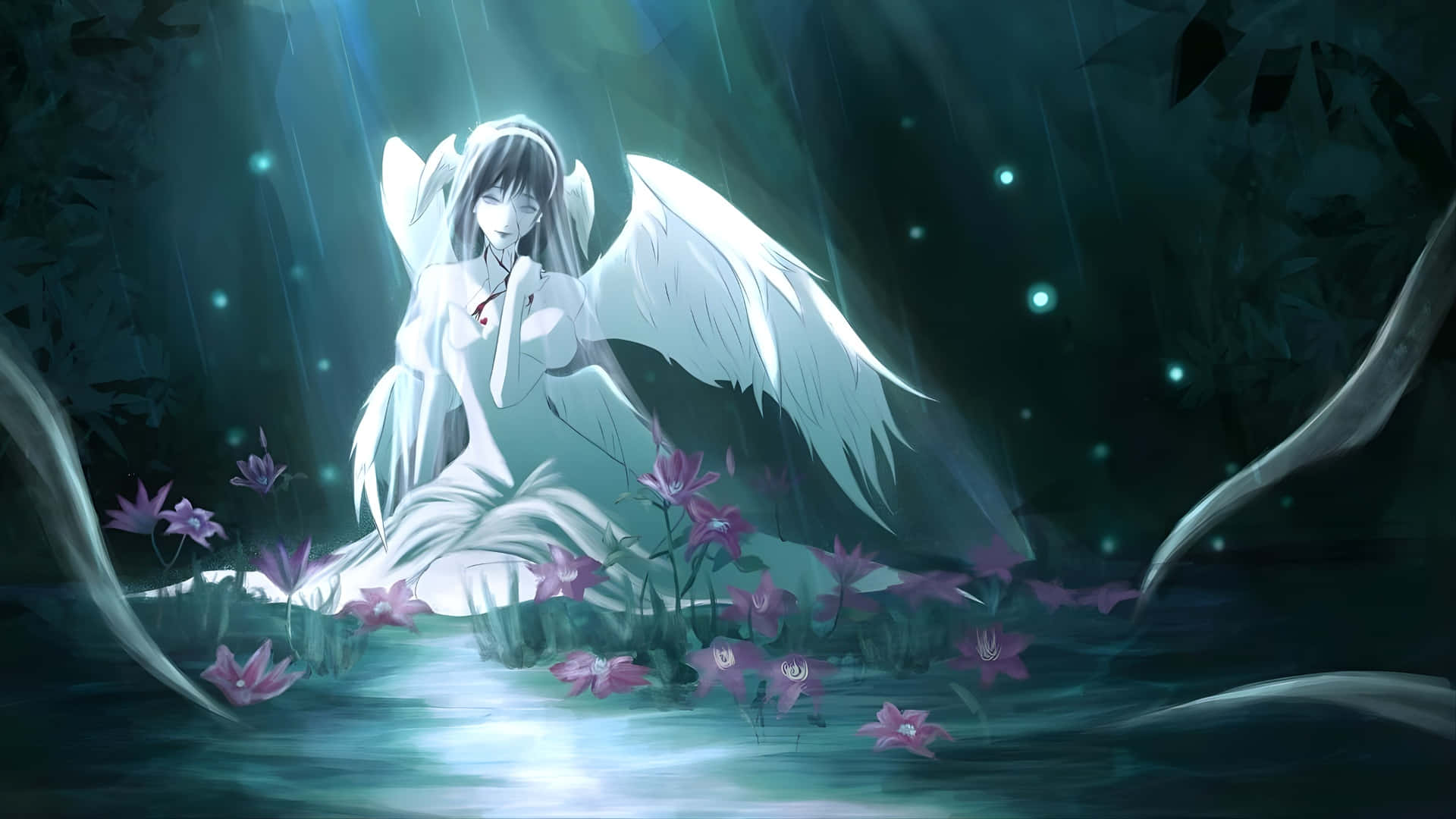 anime angel, white-winged, moonlit forest pond, Full HD Desktop Wallpaper