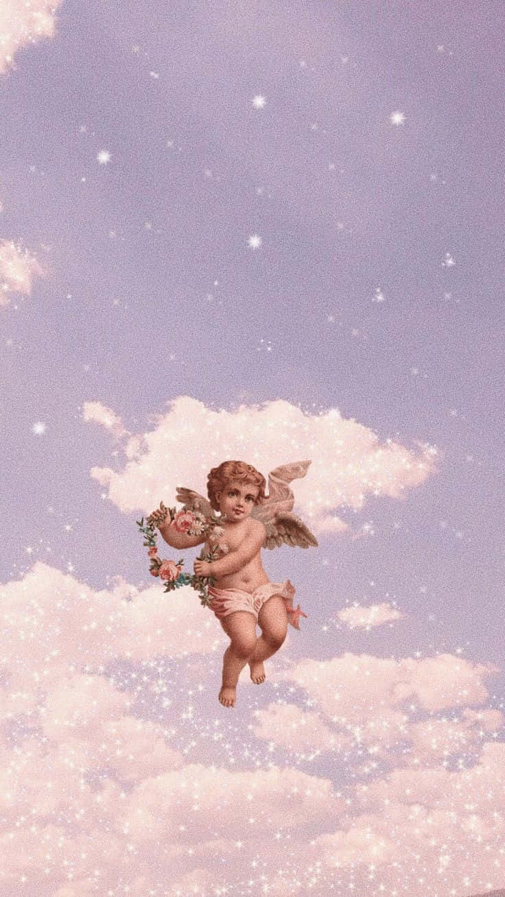 vintage angel, fluffy clouds, twinkling stars, HD Phone Wallpaper