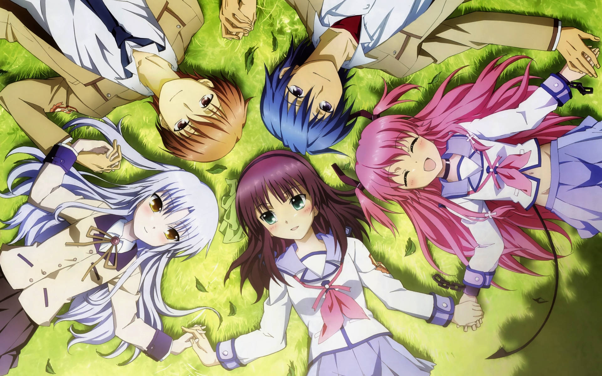 Angel Beats, school uniforms, vibrant green grass, Full HD Desktop Wallpaper