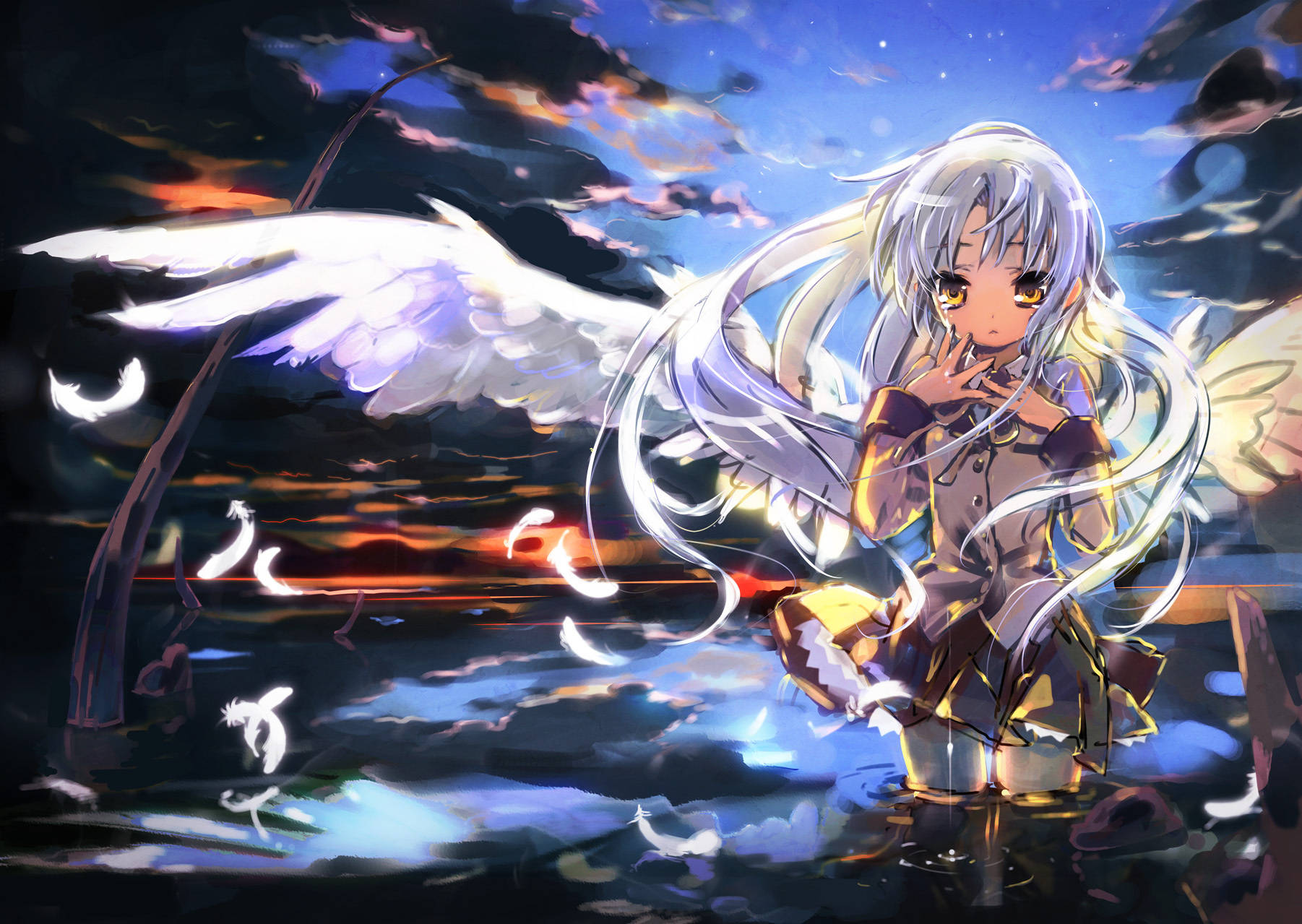 Angel Beats, silver-haired anime girl, white wings, HD Desktop Wallpaper