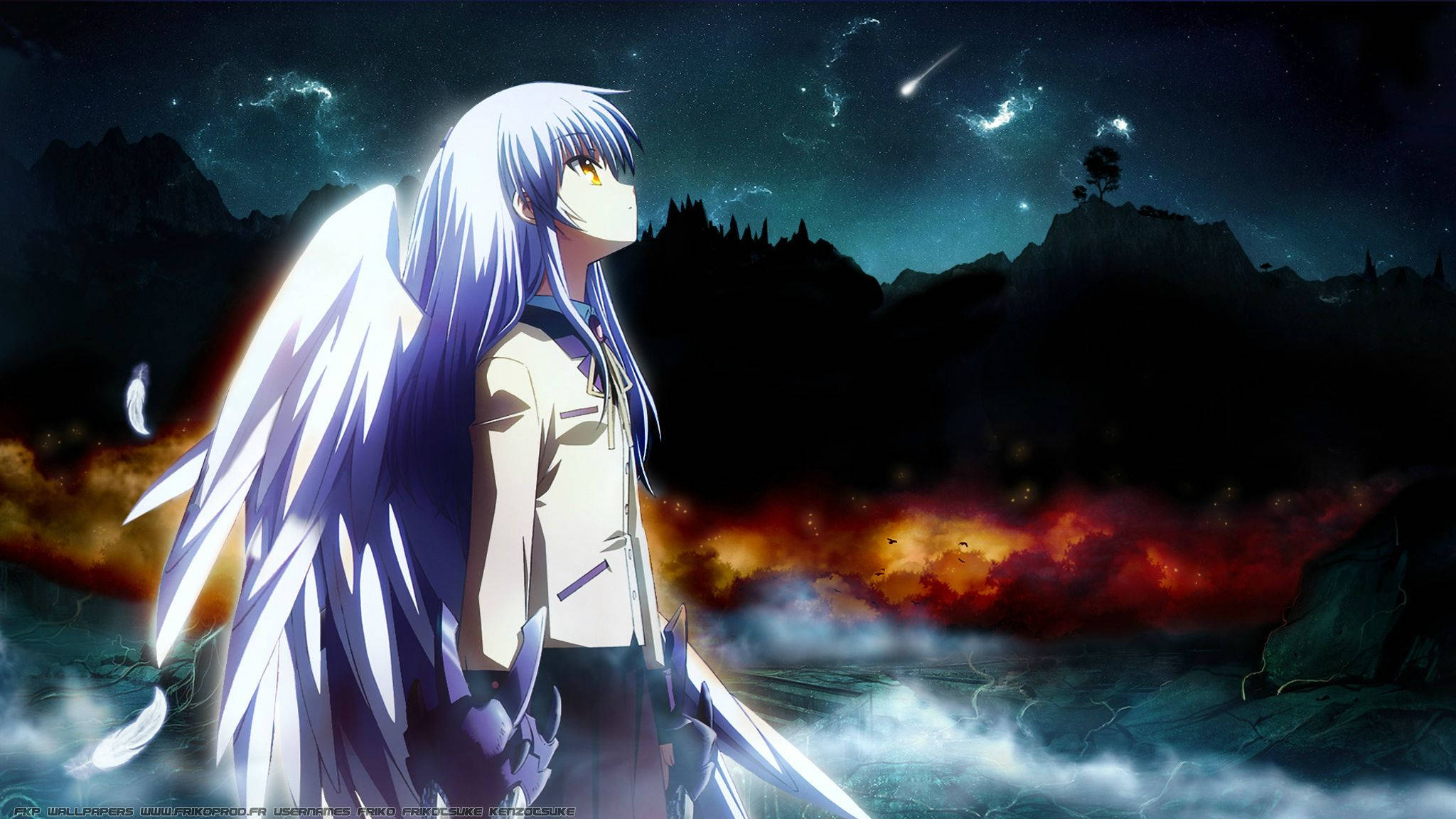 Angel Beats, silver-haired anime angel, glowing eyes, Full HD Desktop Wallpaper