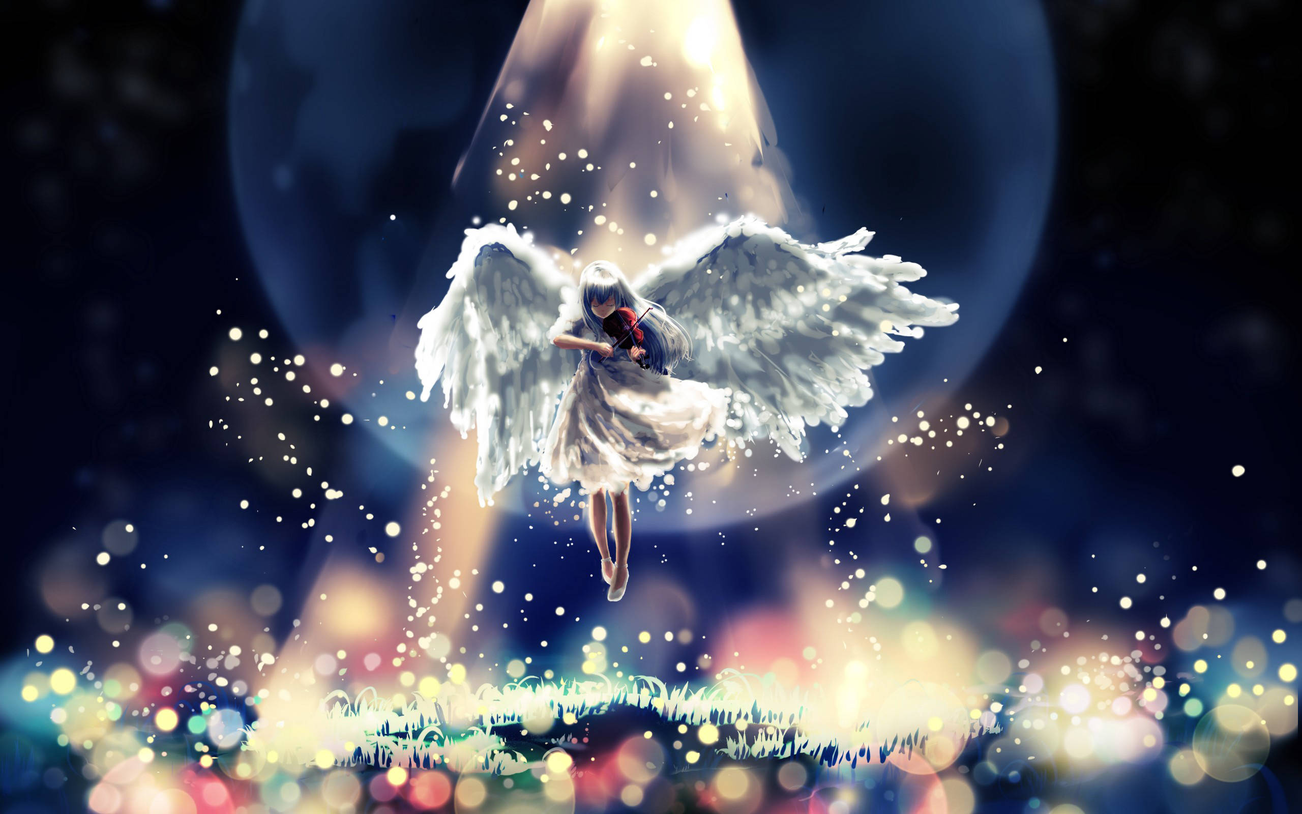 Angel Beats, moonlight, white wings, 2K Desktop Wallpaper