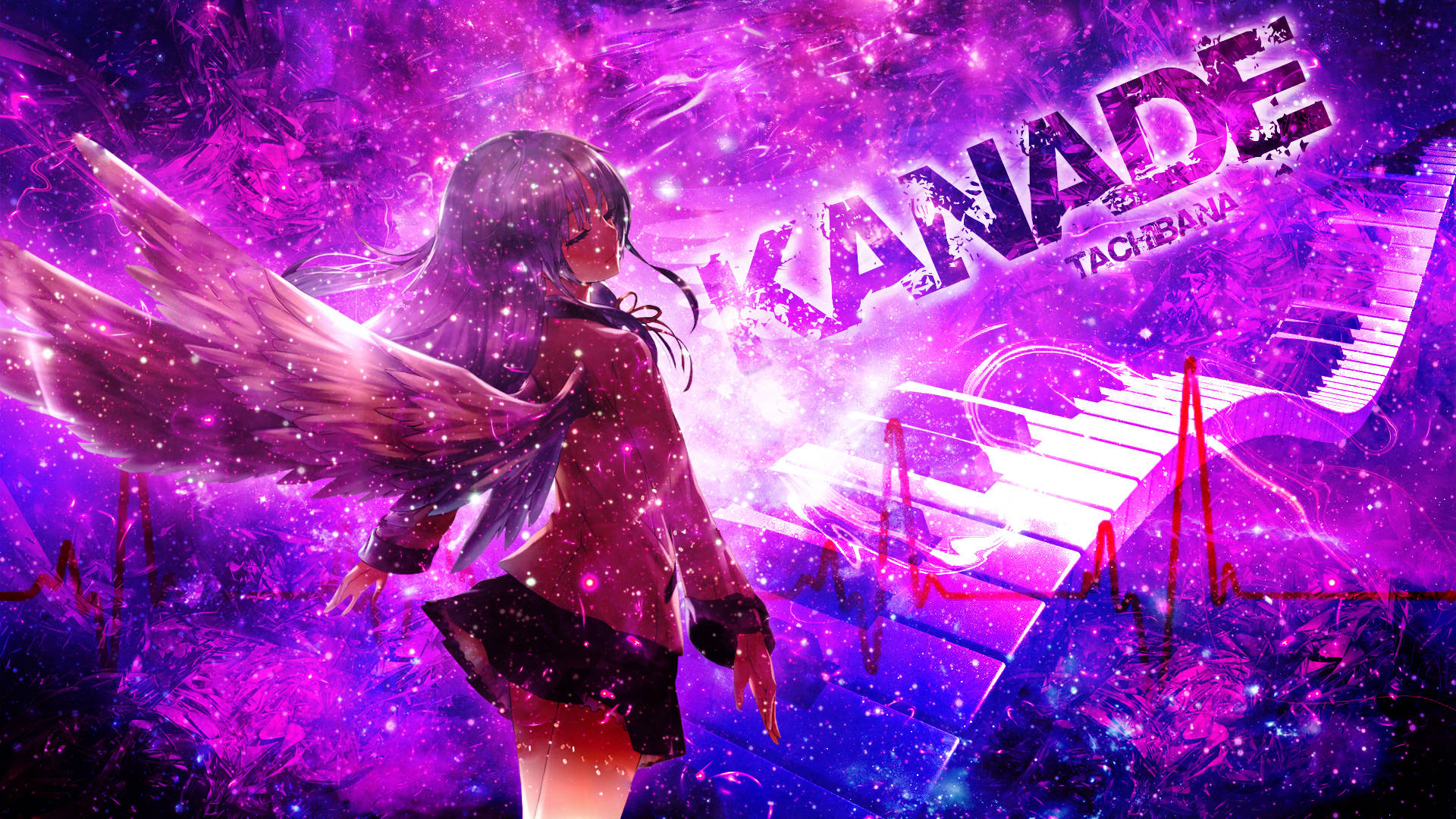 Angel Beats, angel wings, glowing piano, Full HD Desktop Wallpaper
