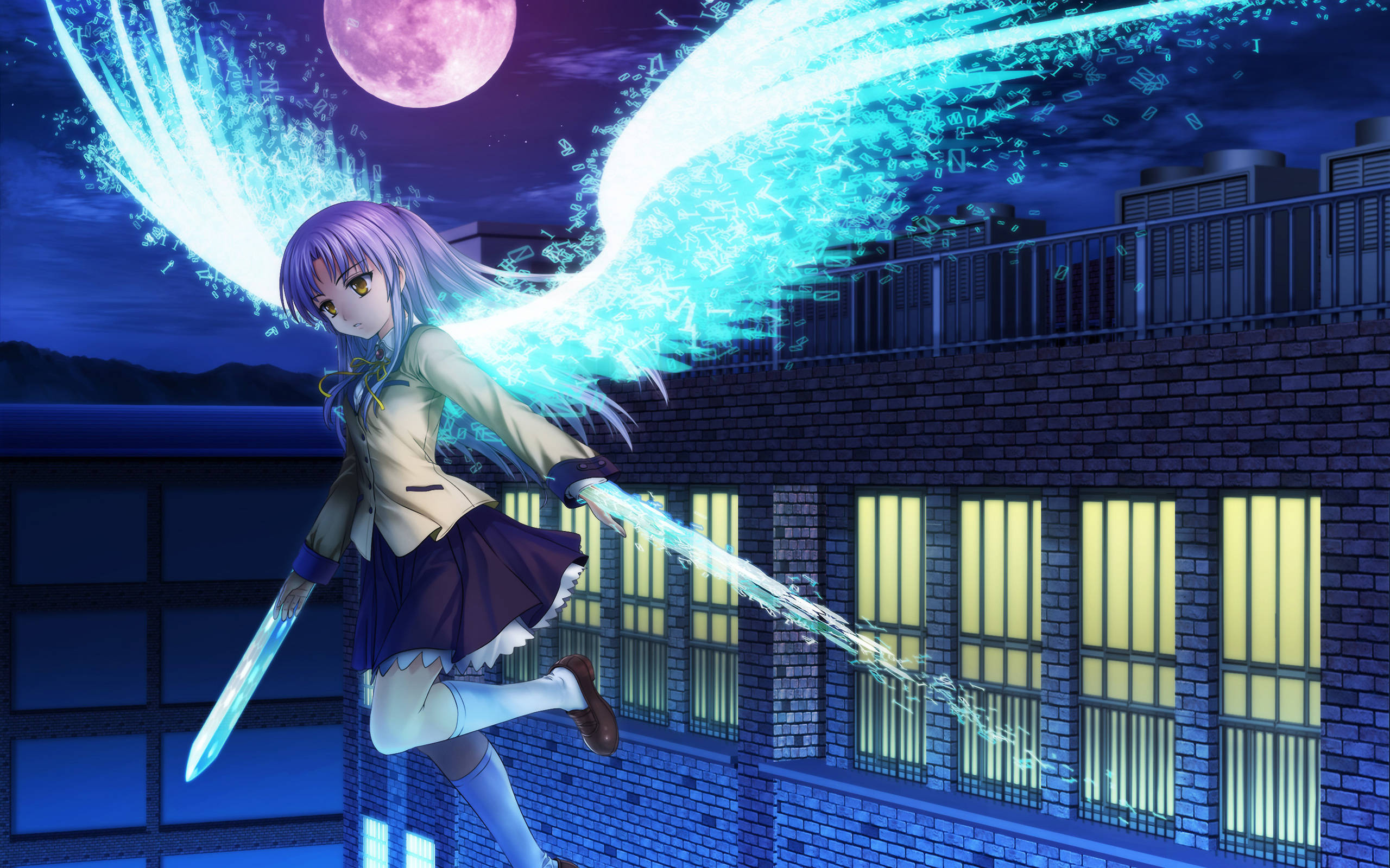 Angel Beats, purple-haired anime girl, glowing blue wings, 2K Desktop Wallpaper