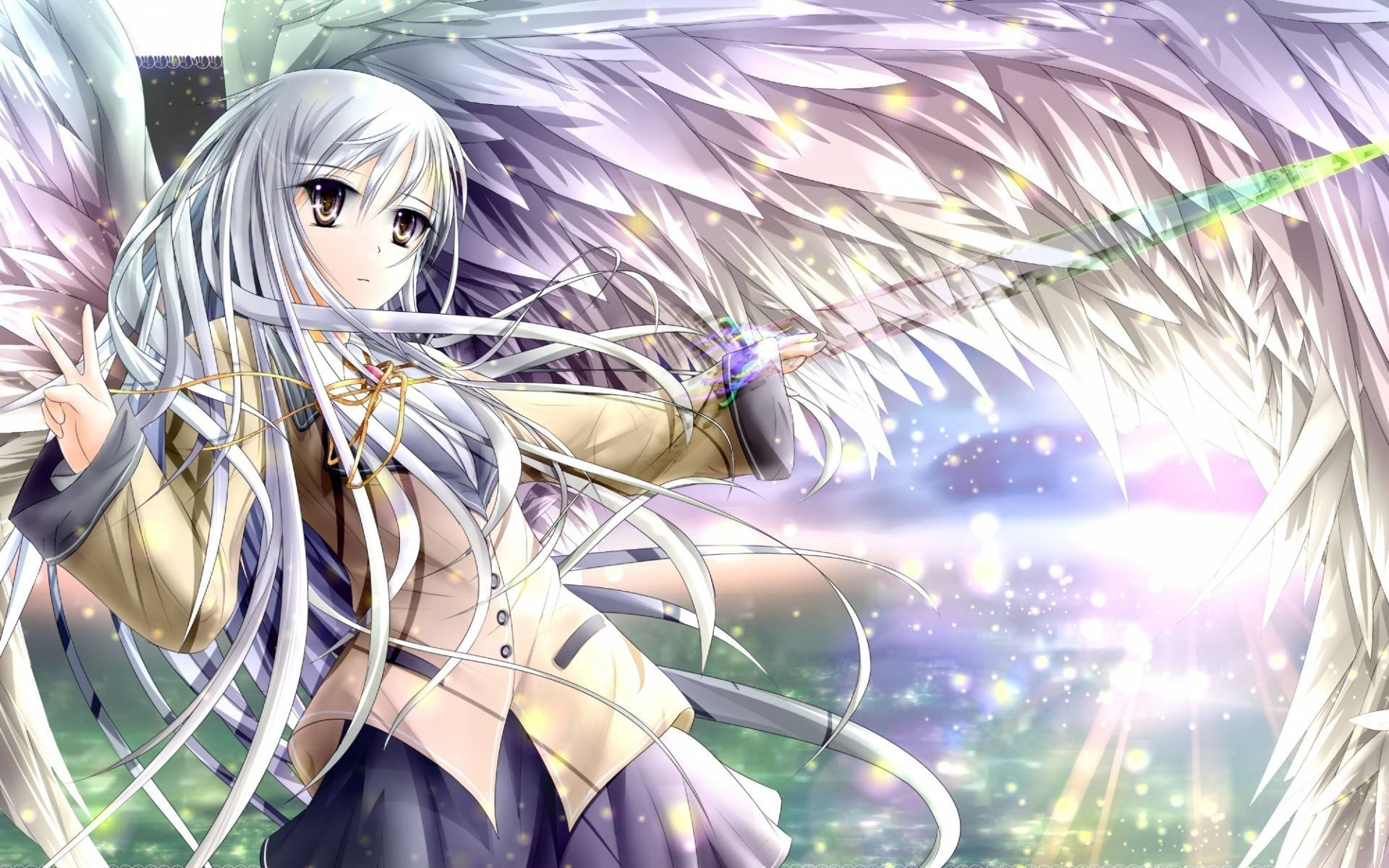 Angel Beats, white wings, long silver hair, Full HD Desktop Wallpaper