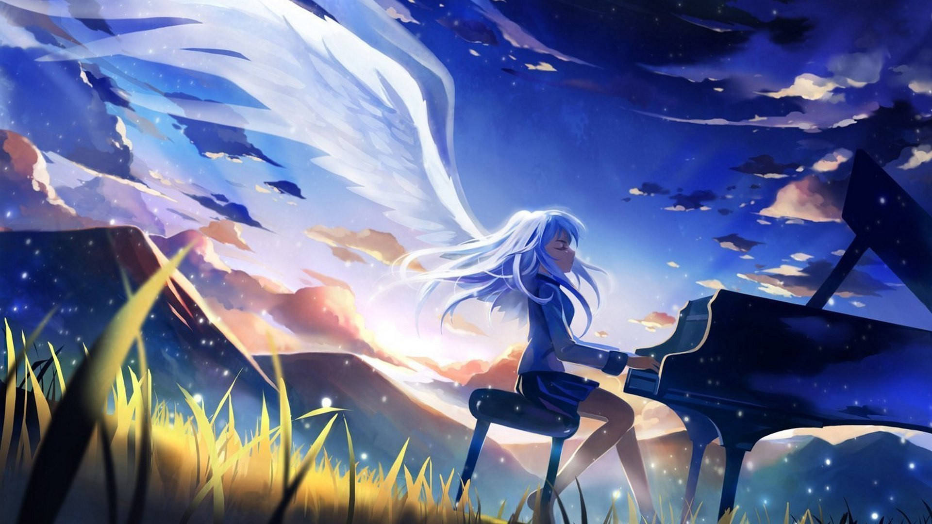 Angel Beats, blue-haired anime girl, glowing wings, Full HD Desktop Wallpaper