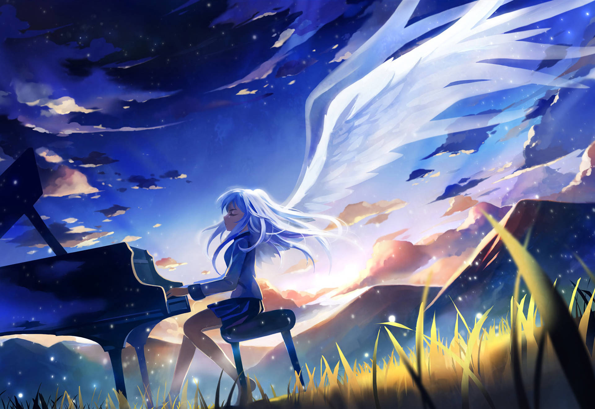 Angel Beats, blue-haired anime girl, white wings, Full HD Desktop Wallpaper