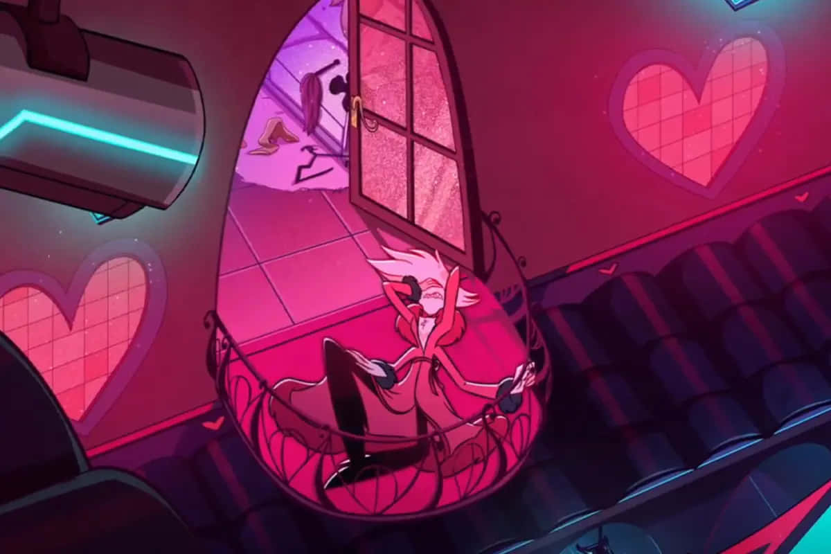 Angel Dust, pink-haired anime character, heart-shaped chair, SD Desktop Wallpaper