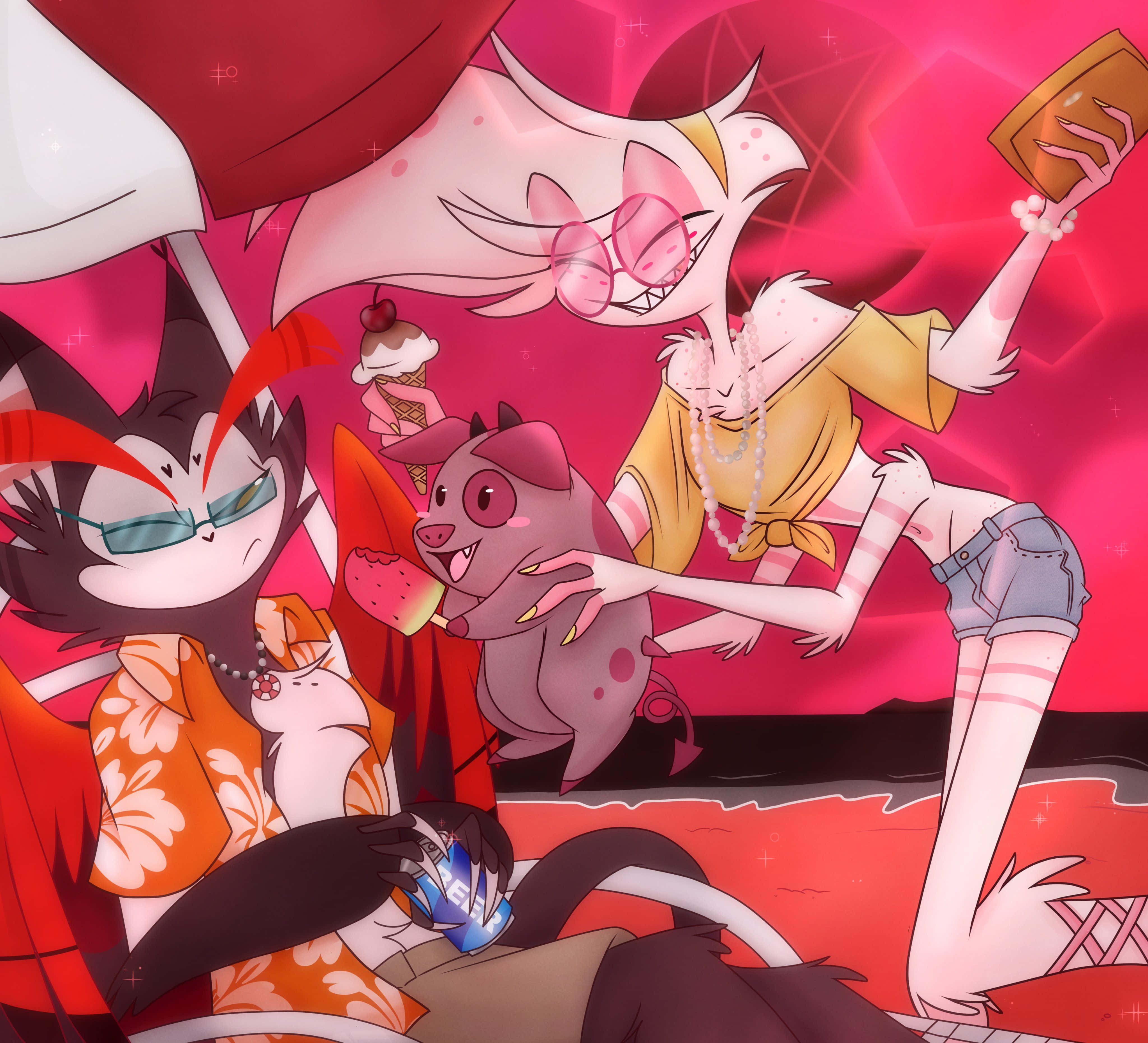 Angel Dust, anime characters, surreal pink setting, 4K Desktop Wallpaper