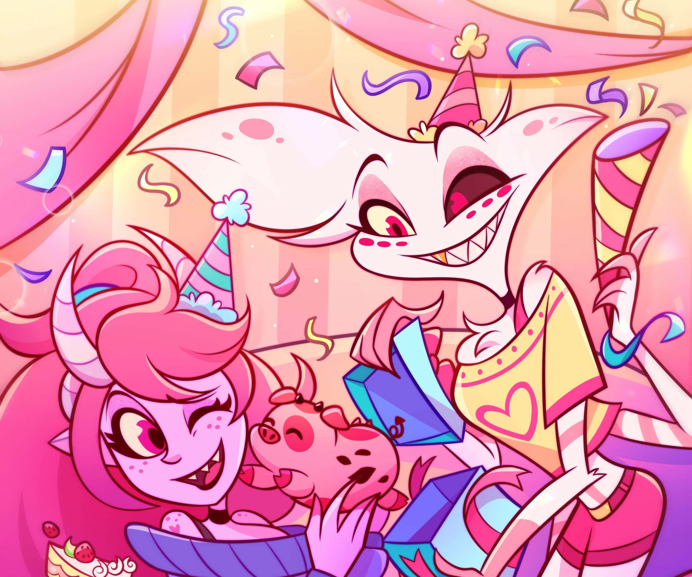 Angel Dust, pink-haired devil characters, confetti, 2K Desktop Wallpaper