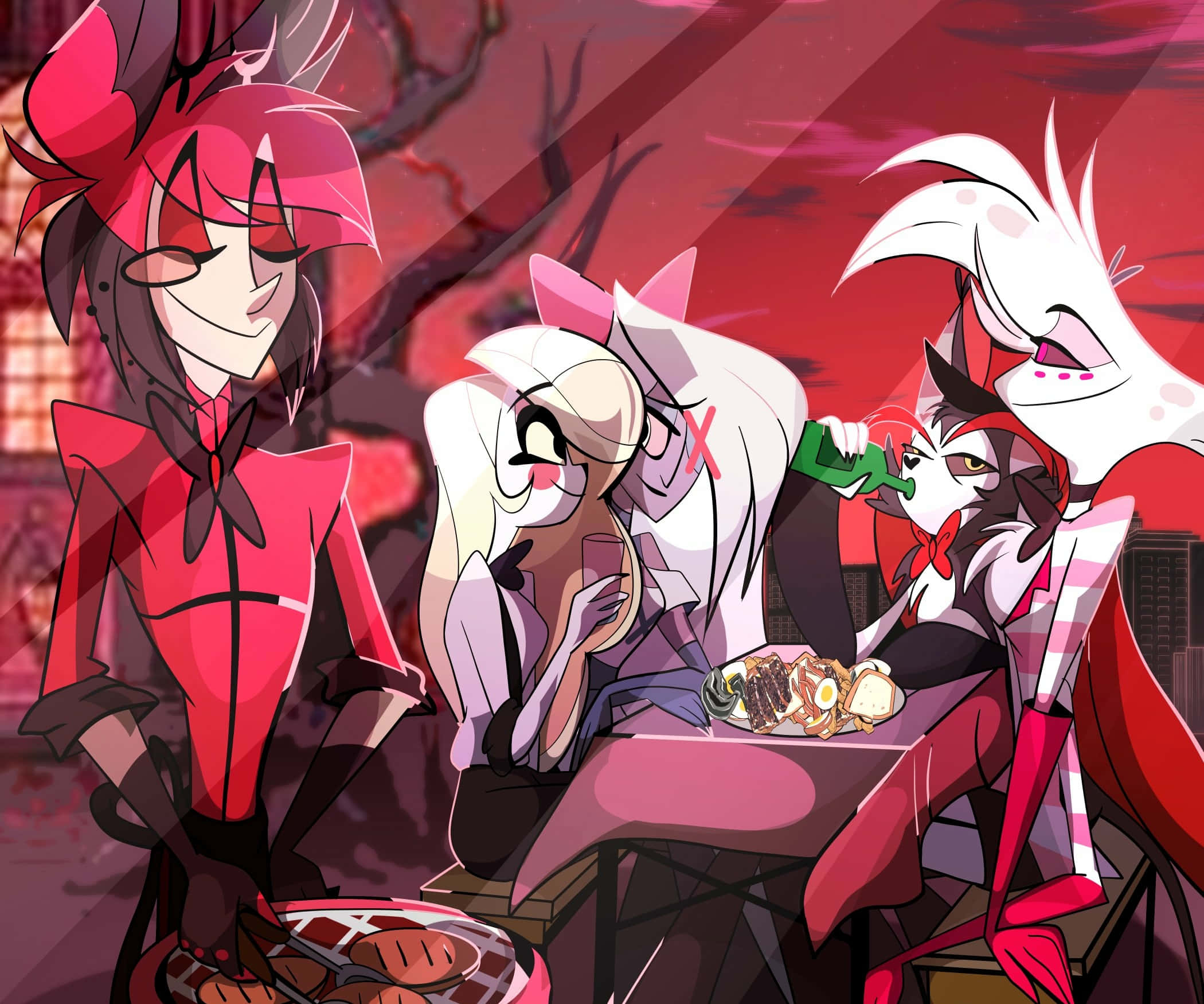 Angel Dust, animated characters, cafe gathering, Full HD Desktop Wallpaper