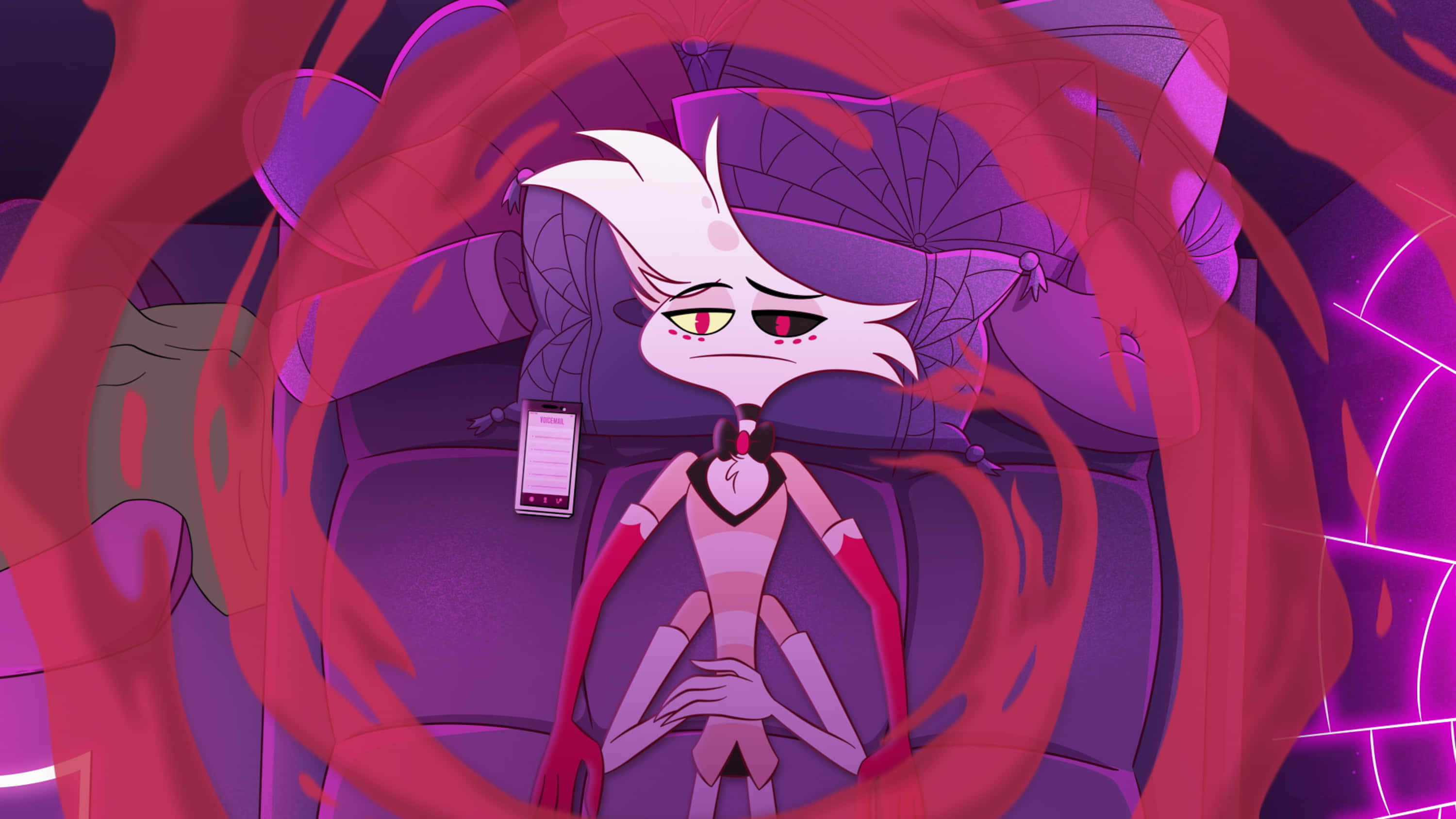 Angel Dust, white-haired animated character, red eyes, 2K Desktop Wallpaper