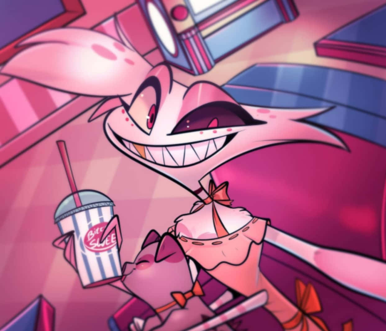 Angel Dust, pink cartoon devil, sharp teeth, SD Desktop Wallpaper