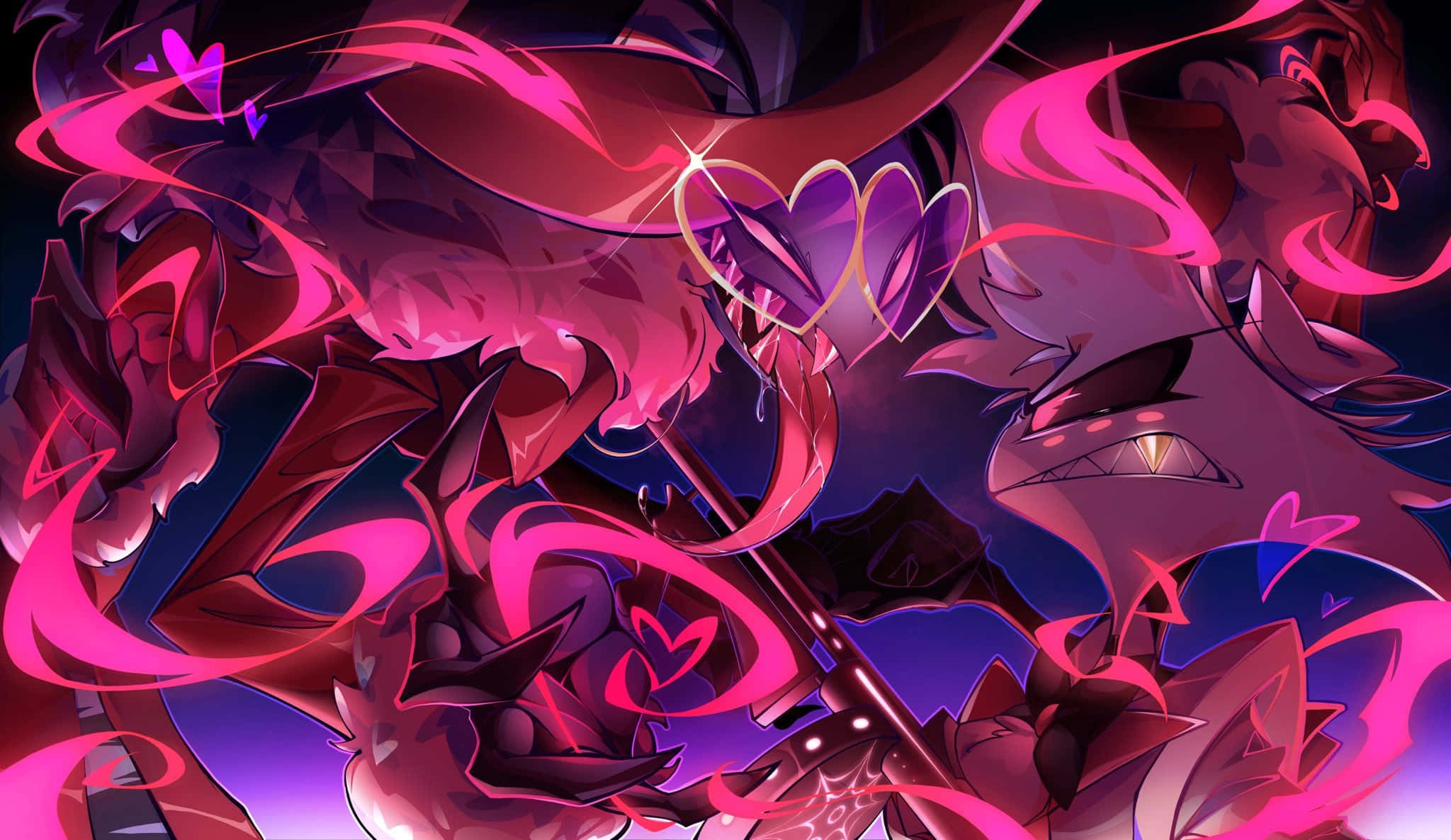 Angel Dust, glowing pink hair, heart motifs, Full HD Desktop Wallpaper