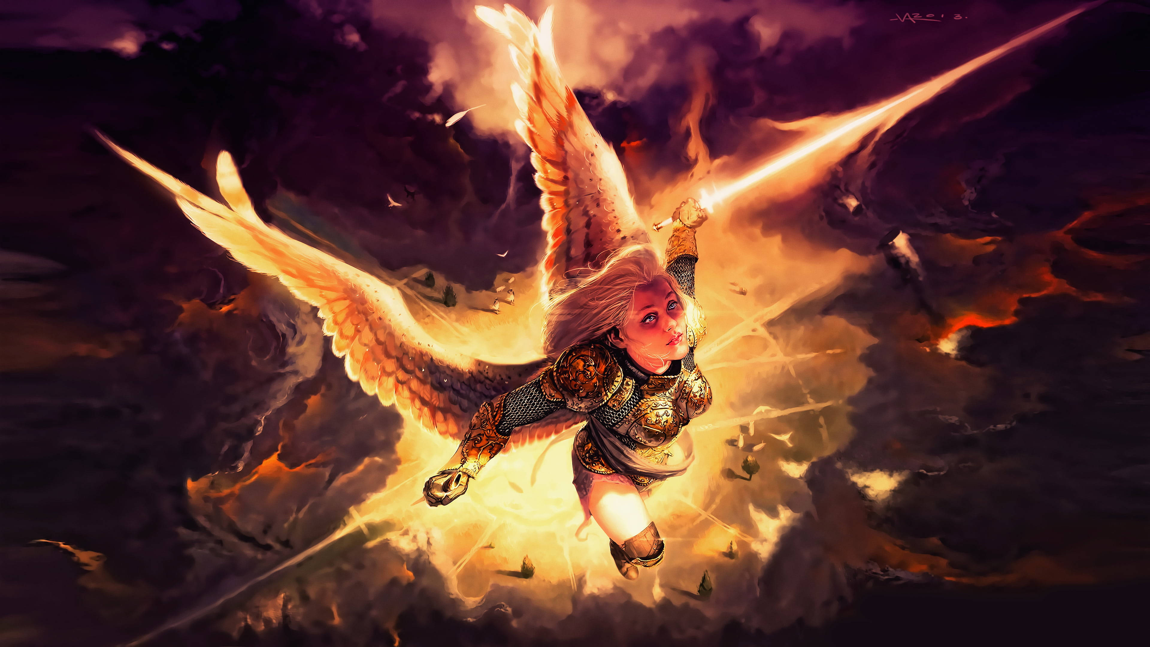 Angel Girl, fire sword, stormy sky, 4K Desktop Wallpaper