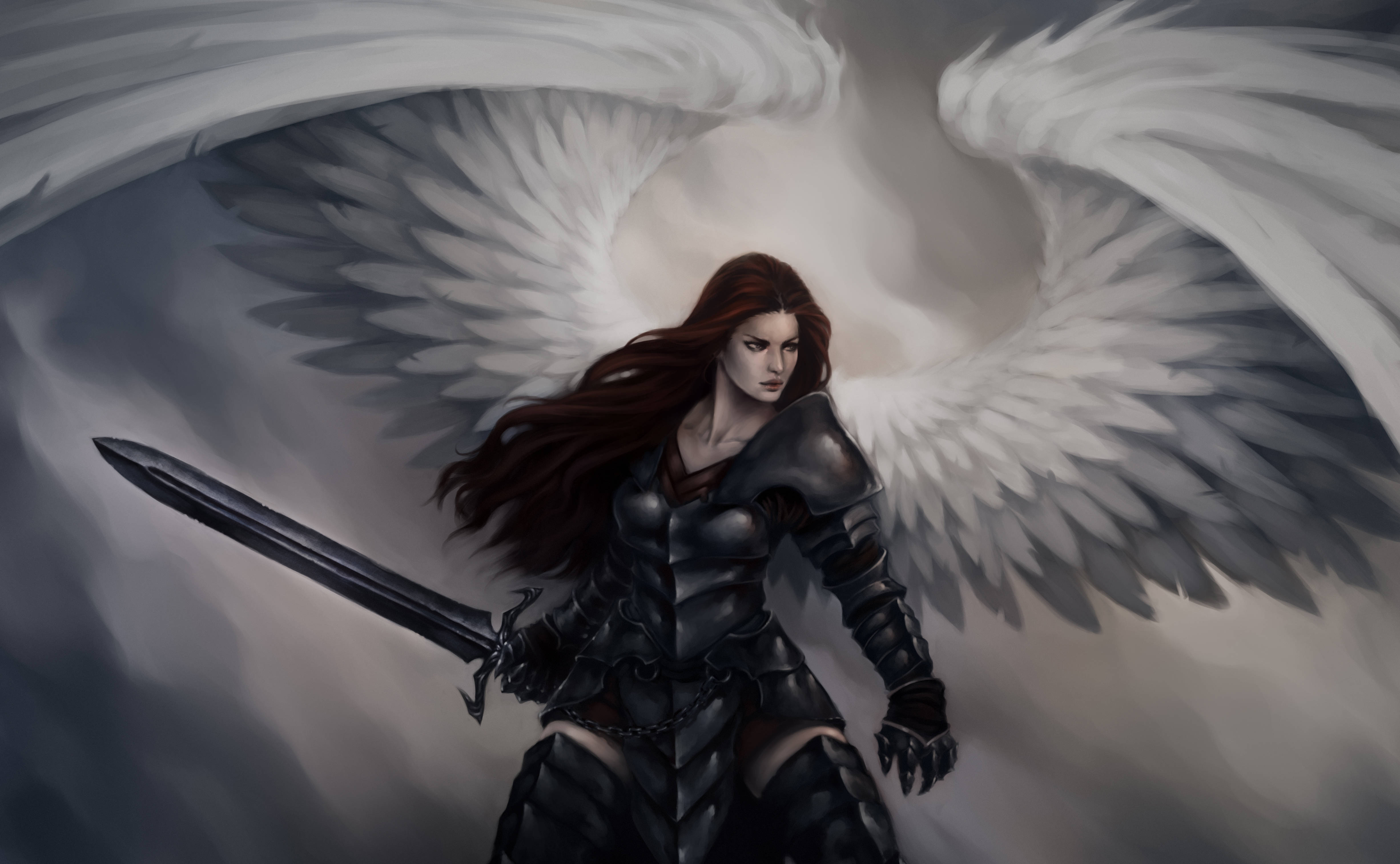 Angel Girl, brown hair, white wings, 4K Desktop Wallpaper