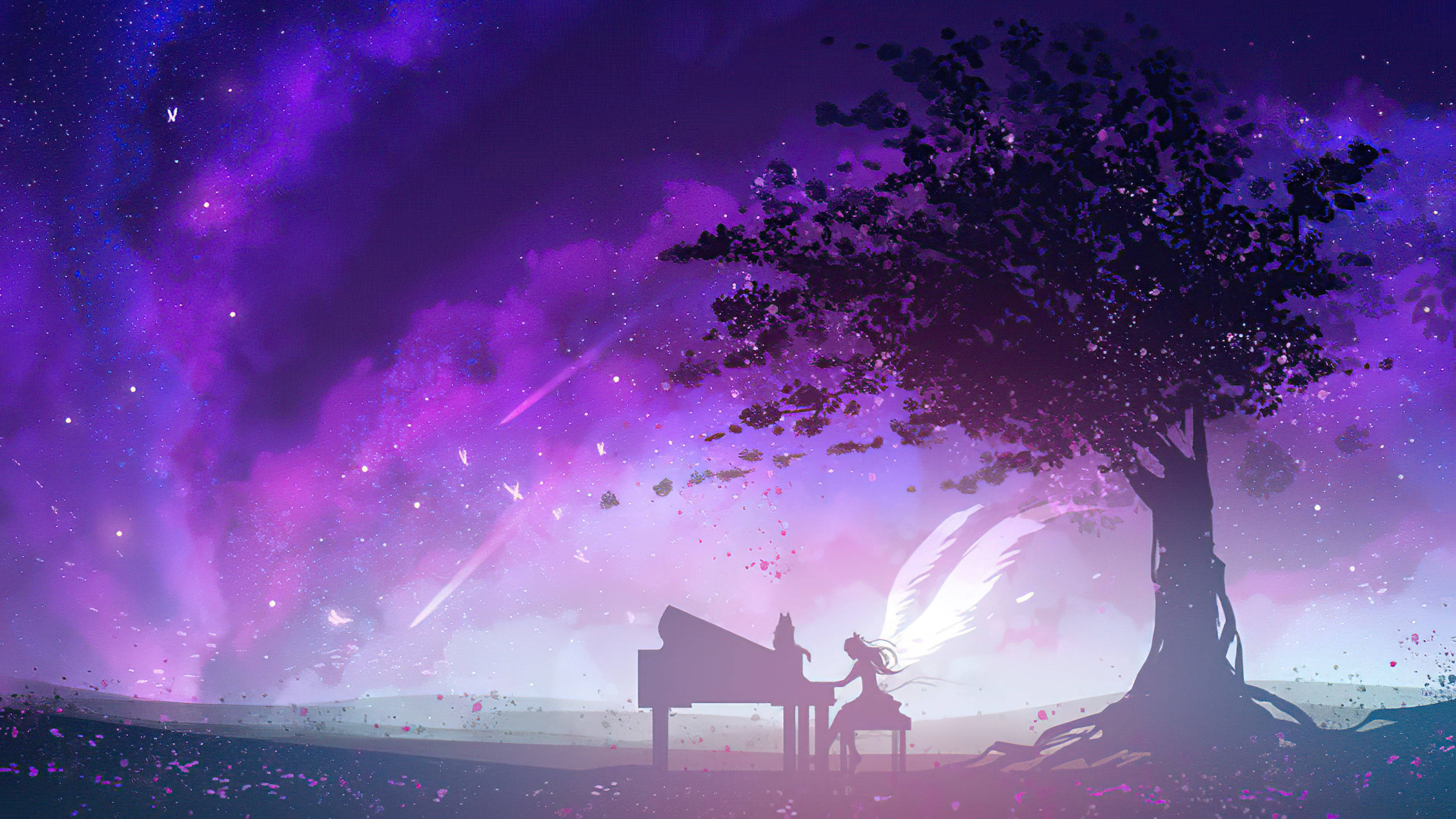 Angel Girl, grand piano, glowing wings, 4K Desktop Wallpaper