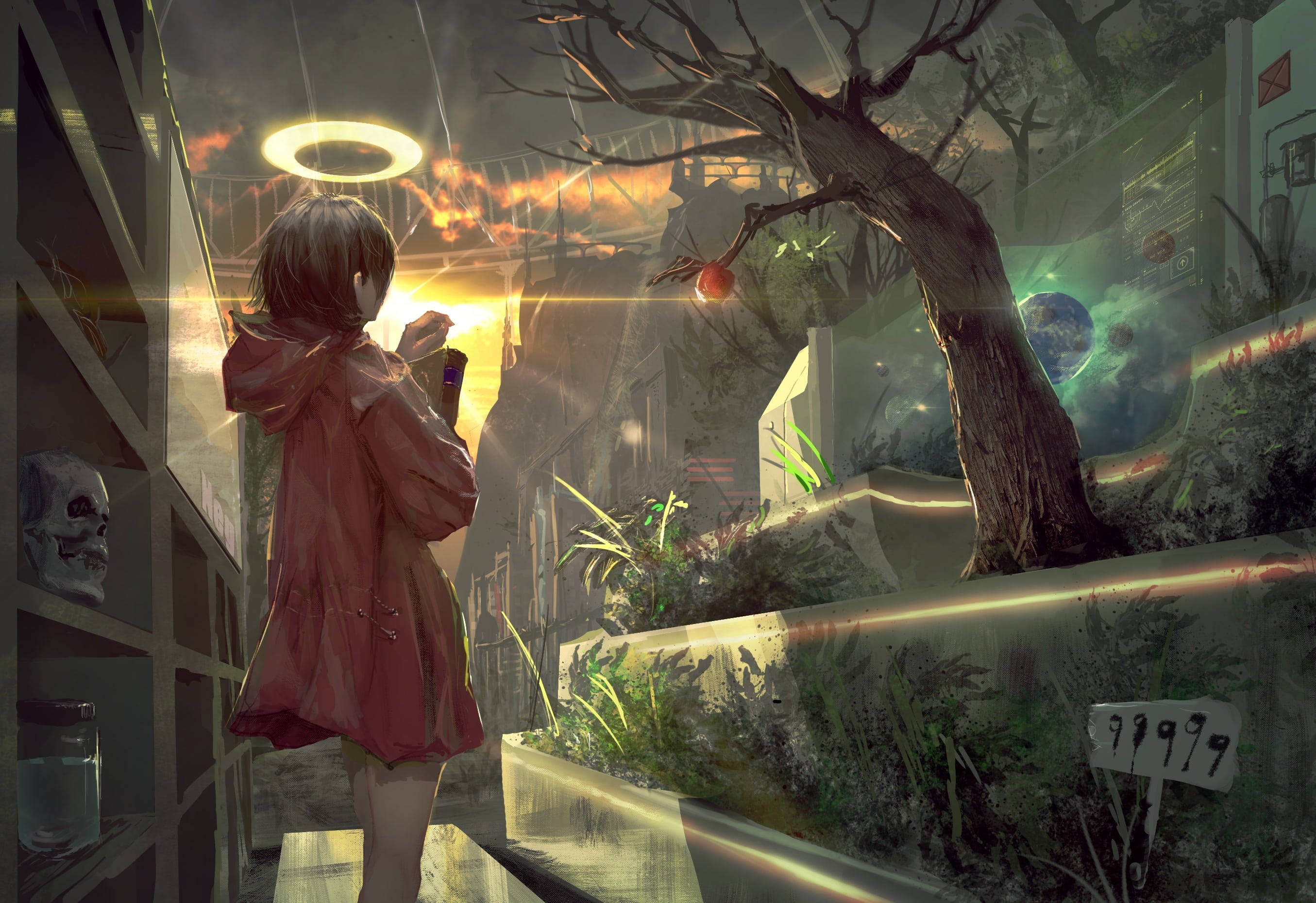Angel Girl, glowing halo, red coat, 2K Desktop Wallpaper
