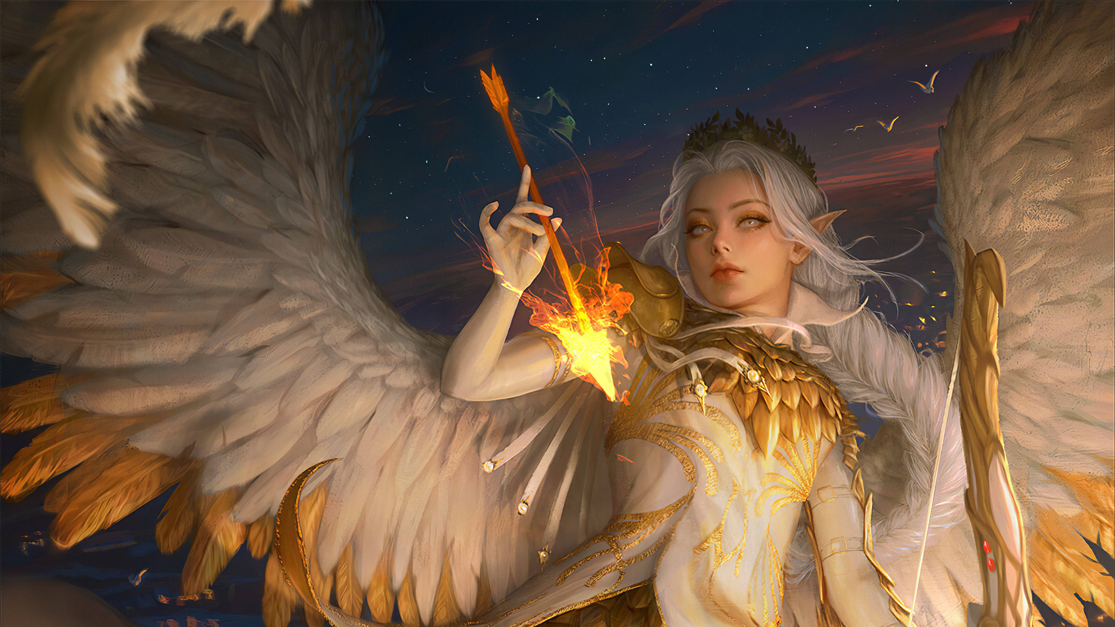 White And Gold Angel Girl, radiant angel, vast white wings, 4K Desktop Wallpaper
