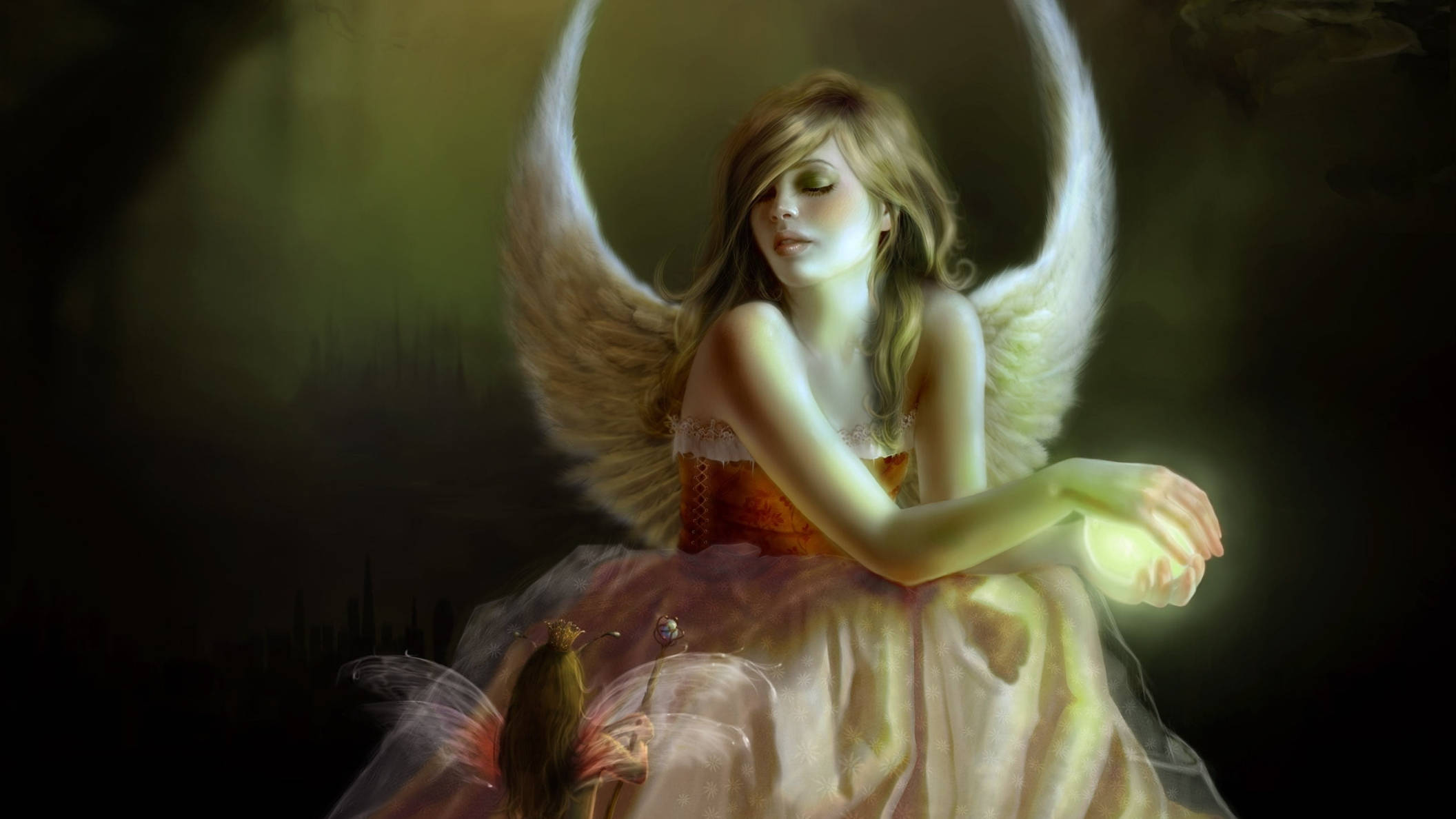 Angel Girl, glowing wings, luminous orb, Full HD Desktop Wallpaper