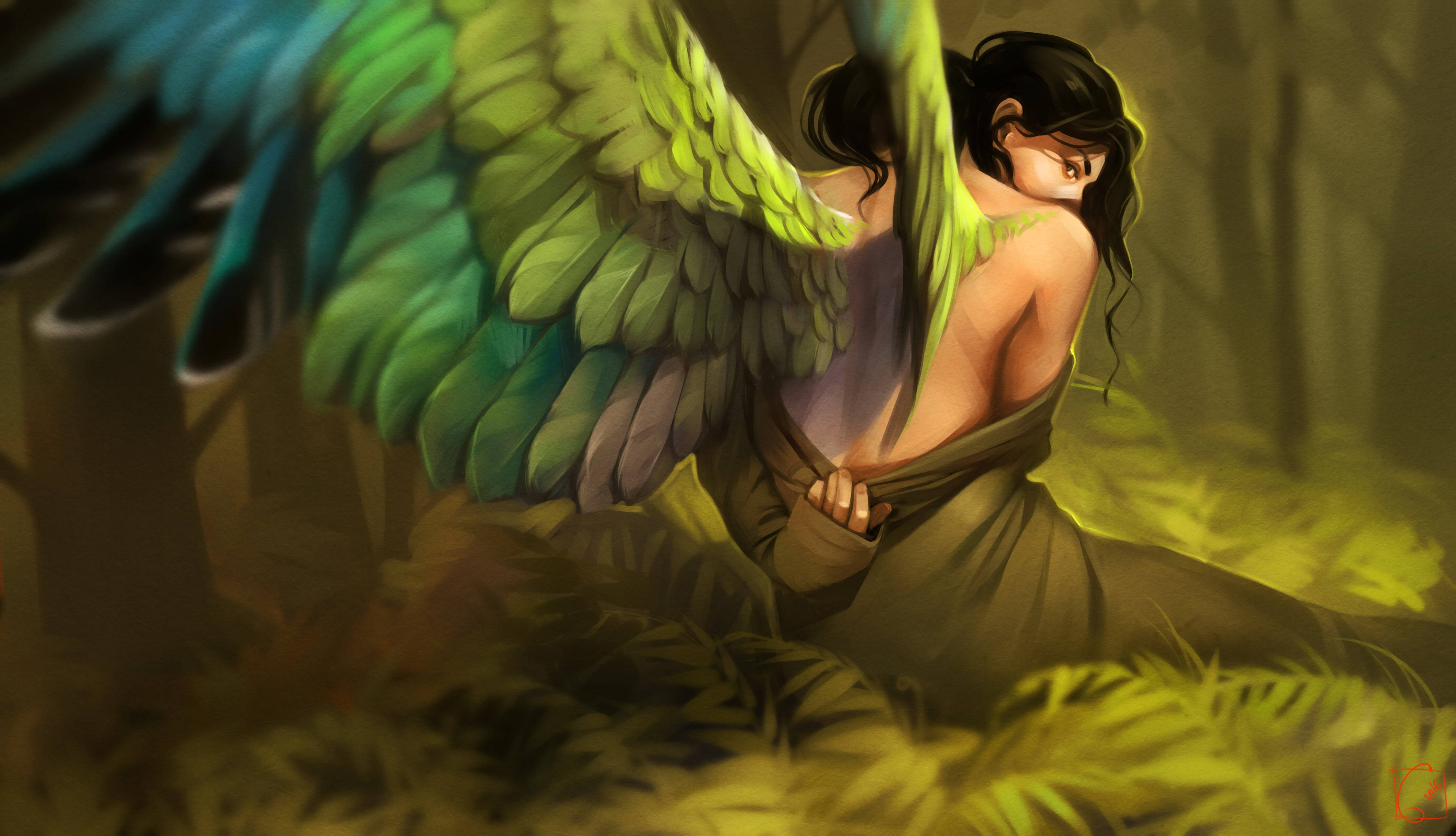 Angel Girl, green wings, vibrant green and blue feathers, 4K Desktop Wallpaper