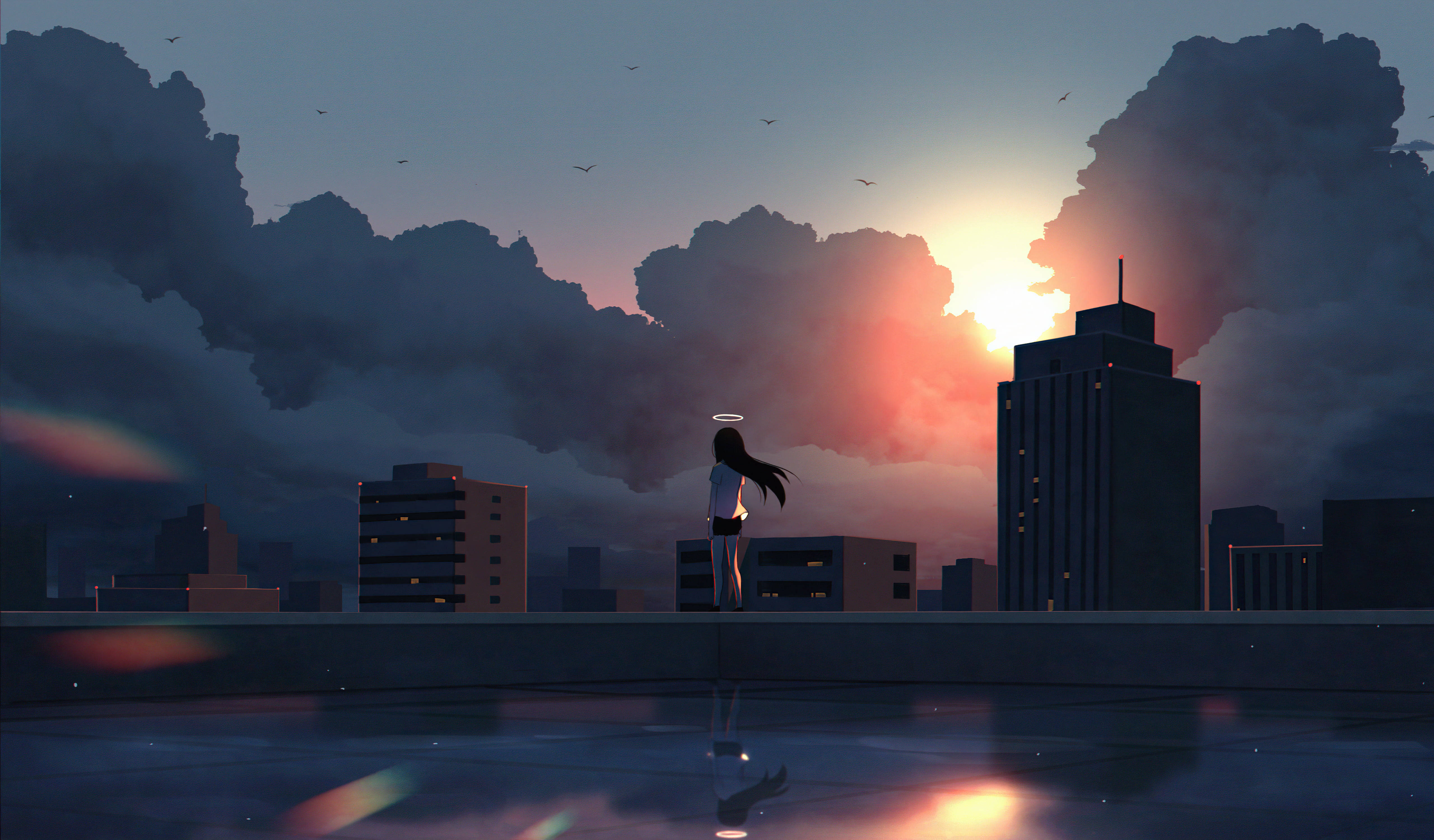 Angel Girl, sunset, rooftop, 5K Desktop Wallpaper