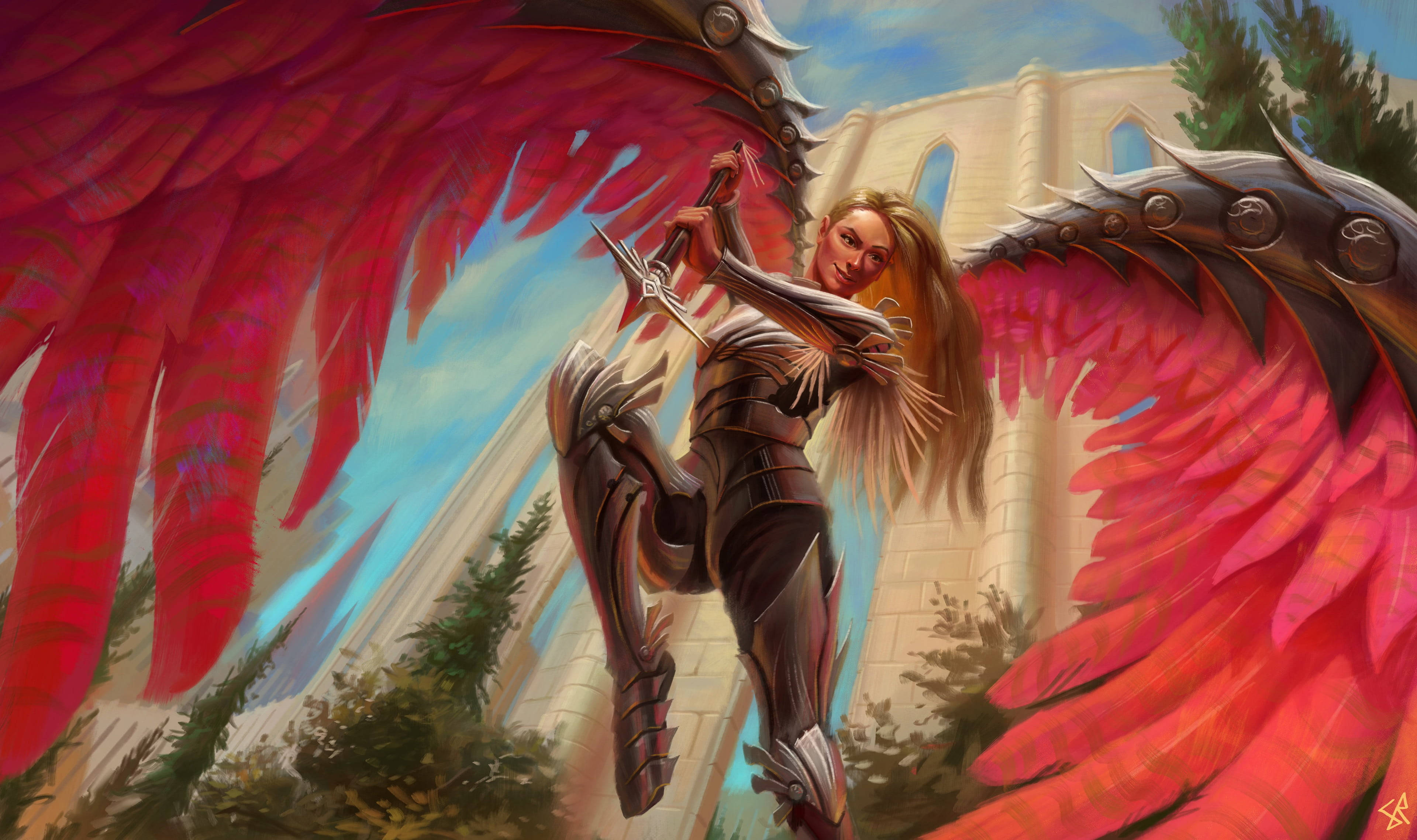 Angel Girl, red wings, armor, 4K Desktop Wallpaper