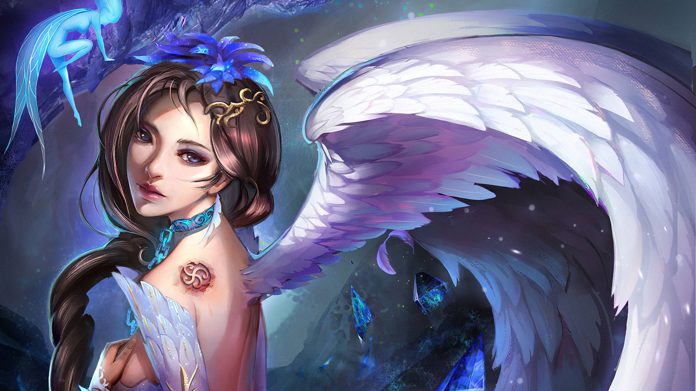 Angel Girl, red tattoo, white wings, Full HD Desktop Wallpaper