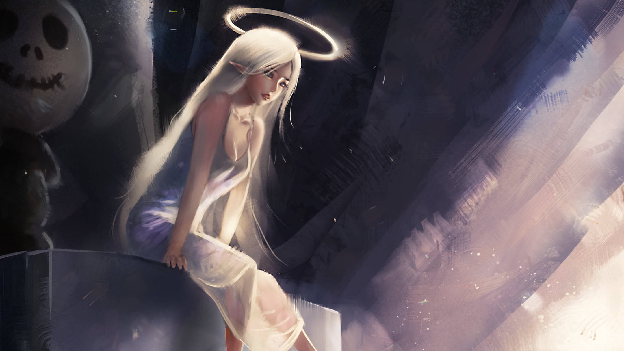 Angel Girl, halo, long white hair, Full HD Desktop Wallpaper