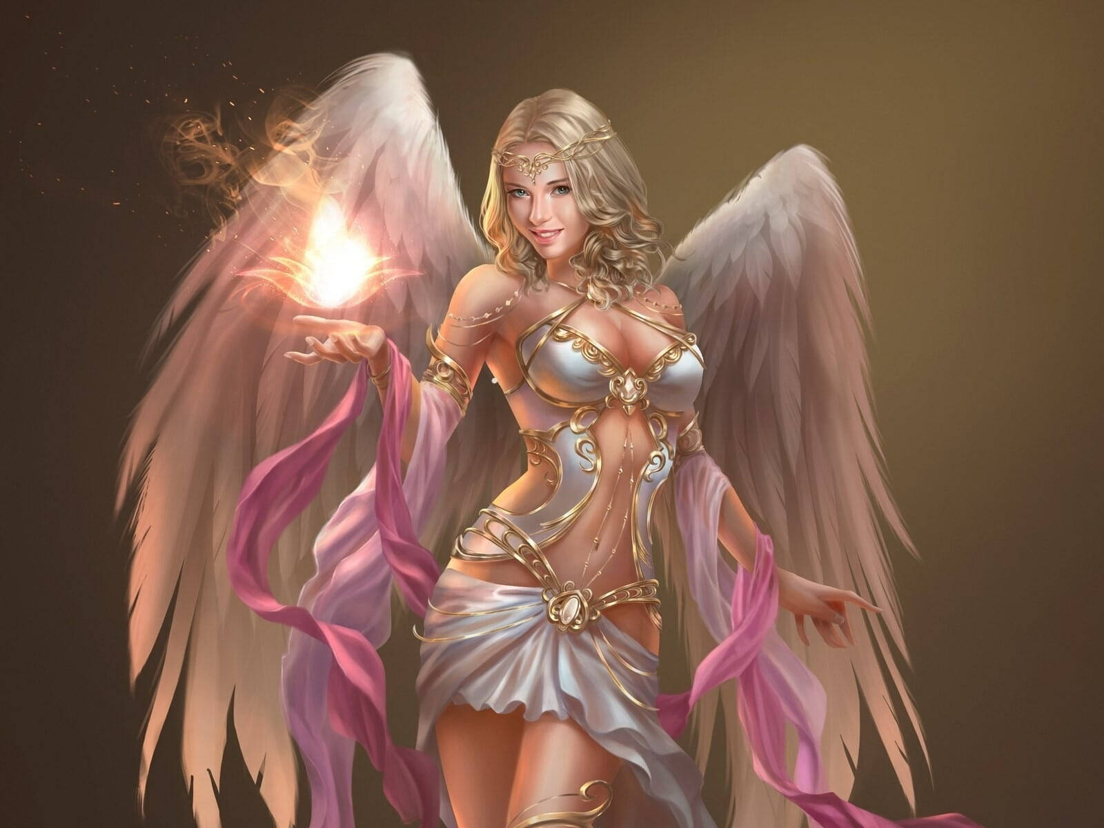 Angel Girl, fire lotus, golden wings, HD Desktop Wallpaper