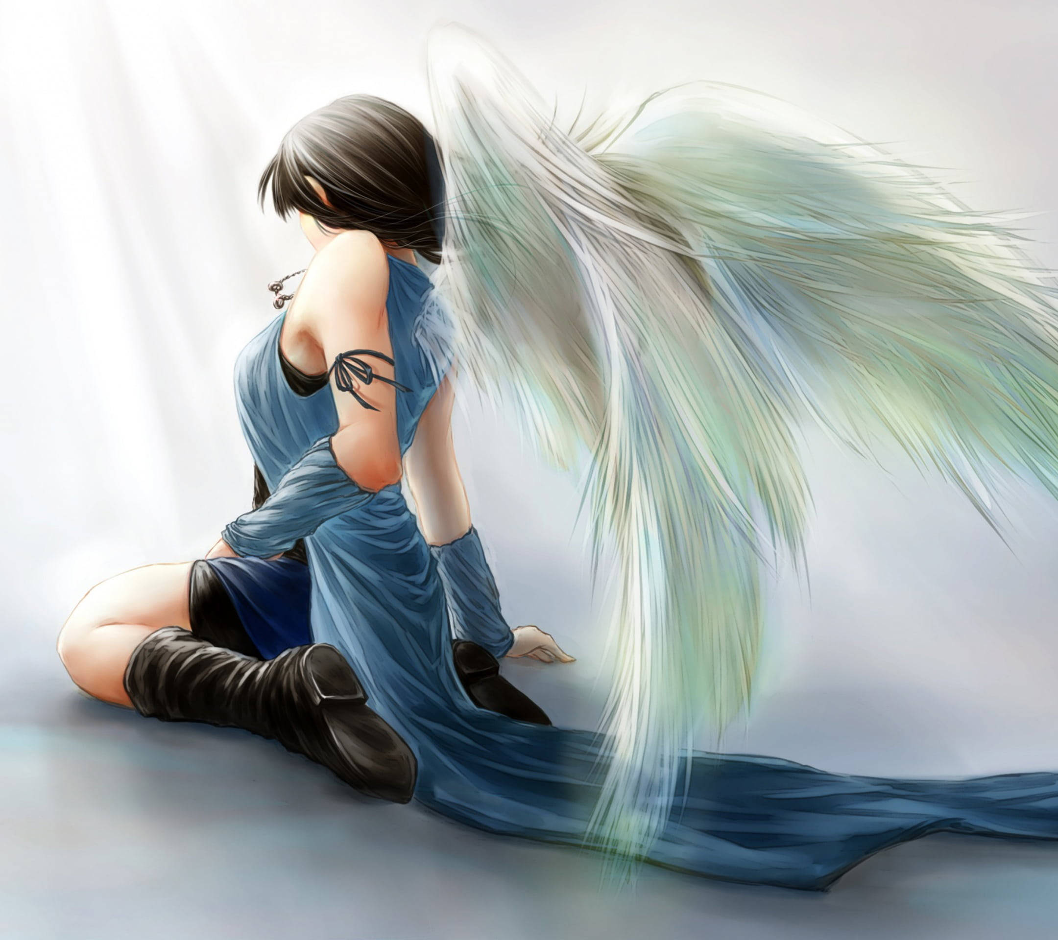 Angel Girl, white wings, blue dress, Full HD Desktop Wallpaper