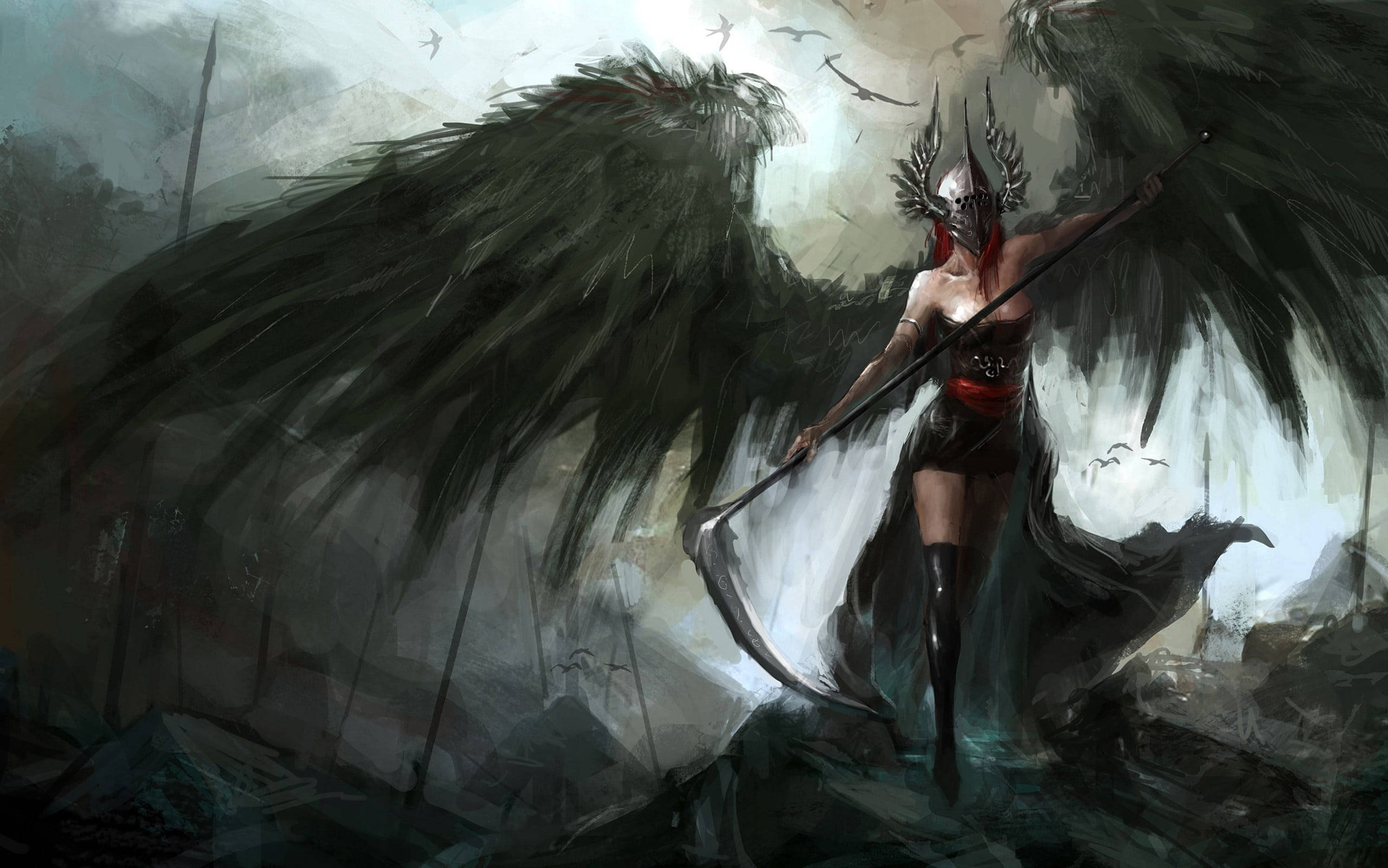 Black Angel Girl, scythe, dark-winged angelic warrior, 2K Desktop Wallpaper