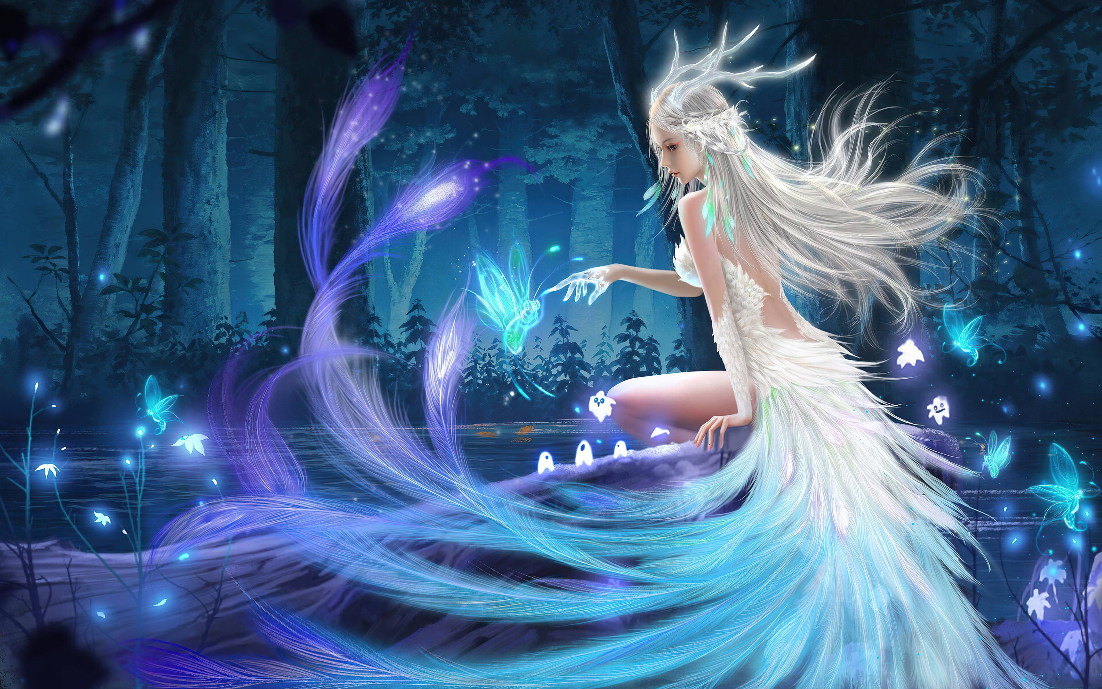Angel Girl, mystical forest stream, floating butterflies, 4K Desktop Wallpaper
