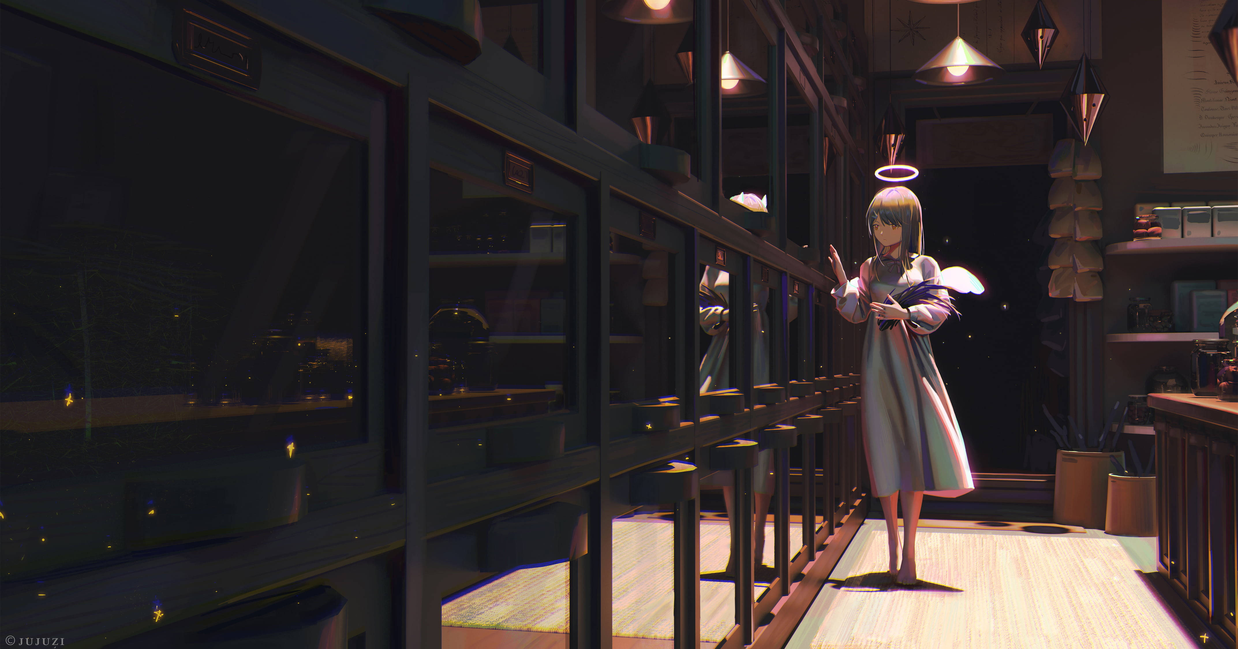 Angel Girl, angel wings, wooden balcony, 4K Desktop Wallpaper