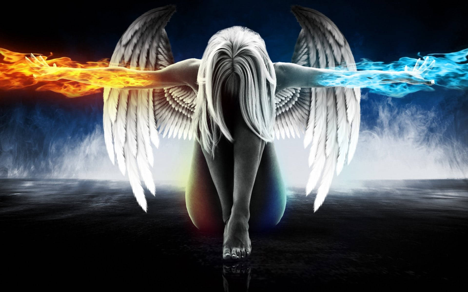 Angel Girl, fire, ice, Full HD Desktop Wallpaper