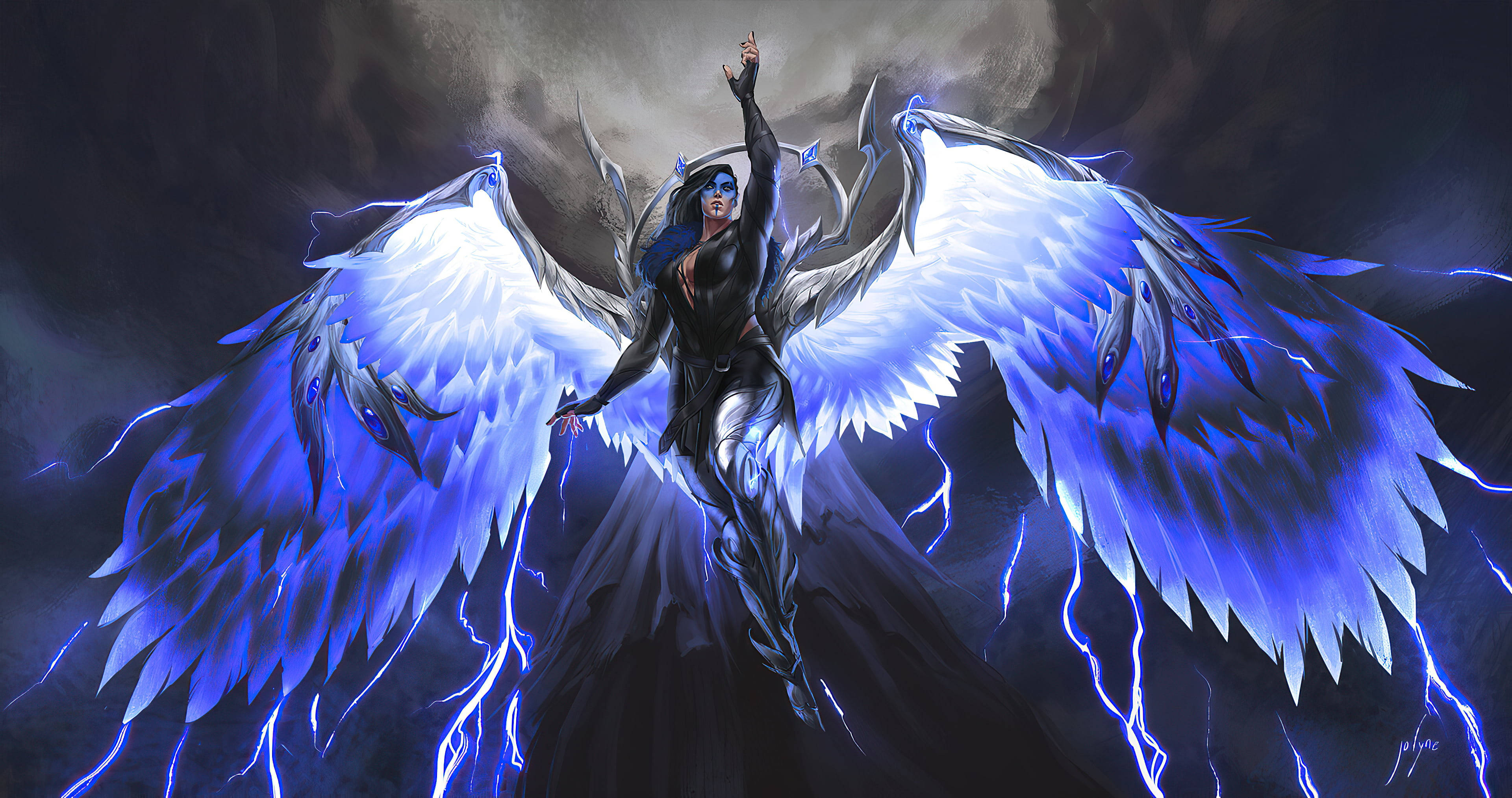 Angel Girl, blue wings, glowing blue wings, 4K Desktop Wallpaper