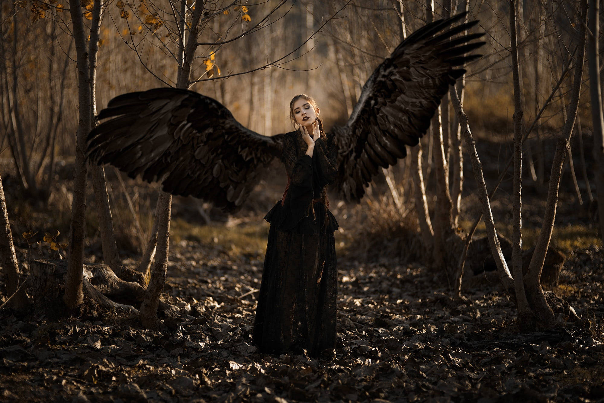 Black Angel Girl, large dark wings, sunlit autumn forest, Full HD Desktop Wallpaper