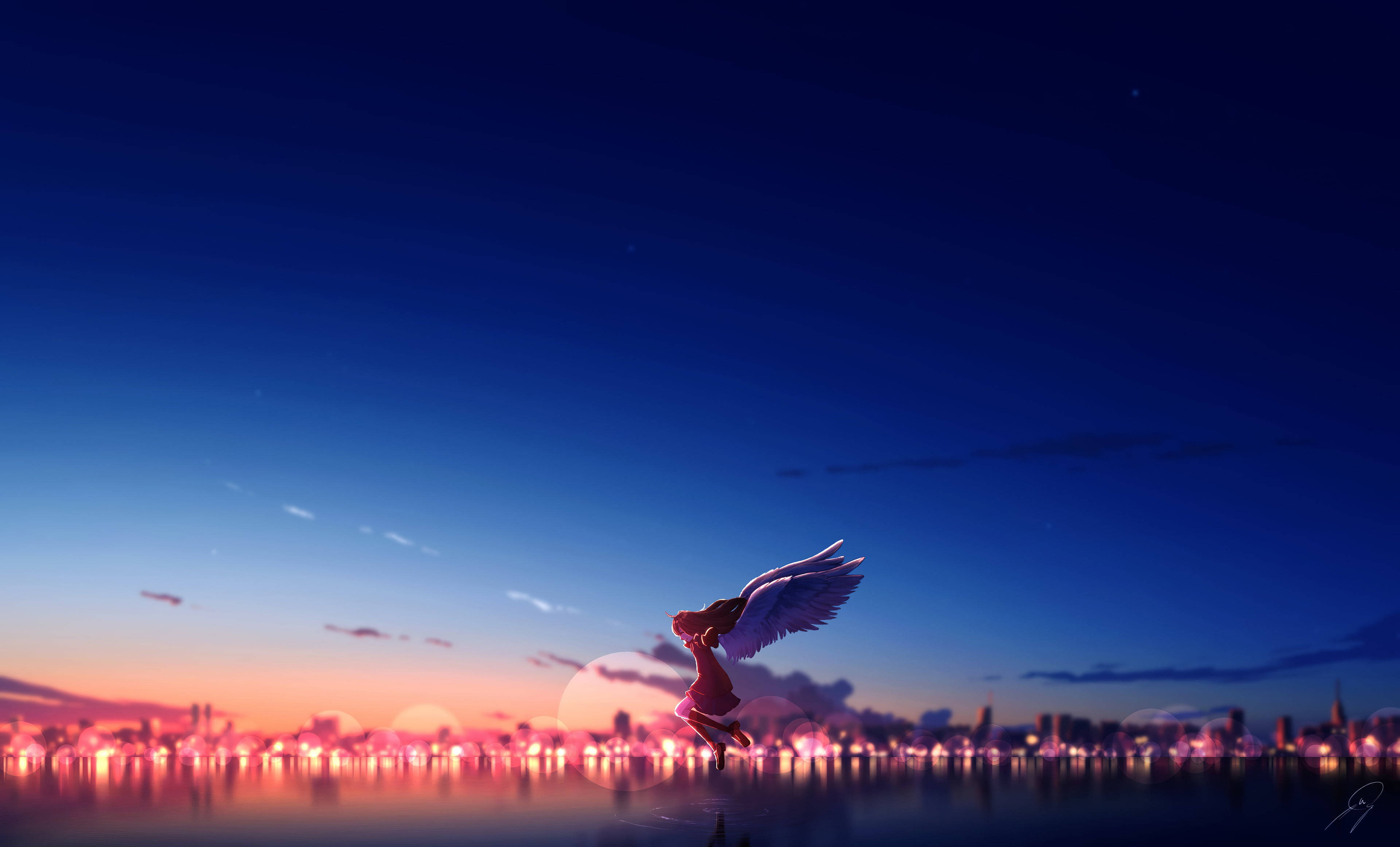 Angel Girl, glowing city skyline, twilight, 4K Desktop Wallpaper