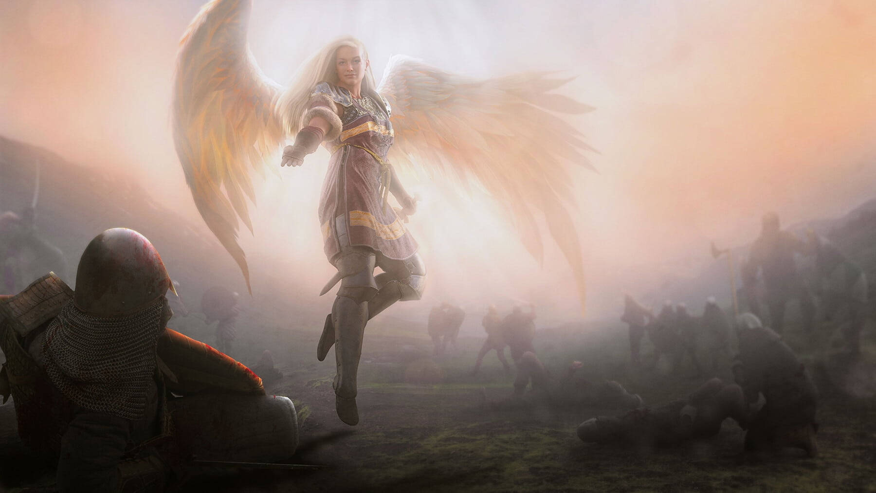 Angel Girl, glowing wings, battlefield, HD Desktop Wallpaper