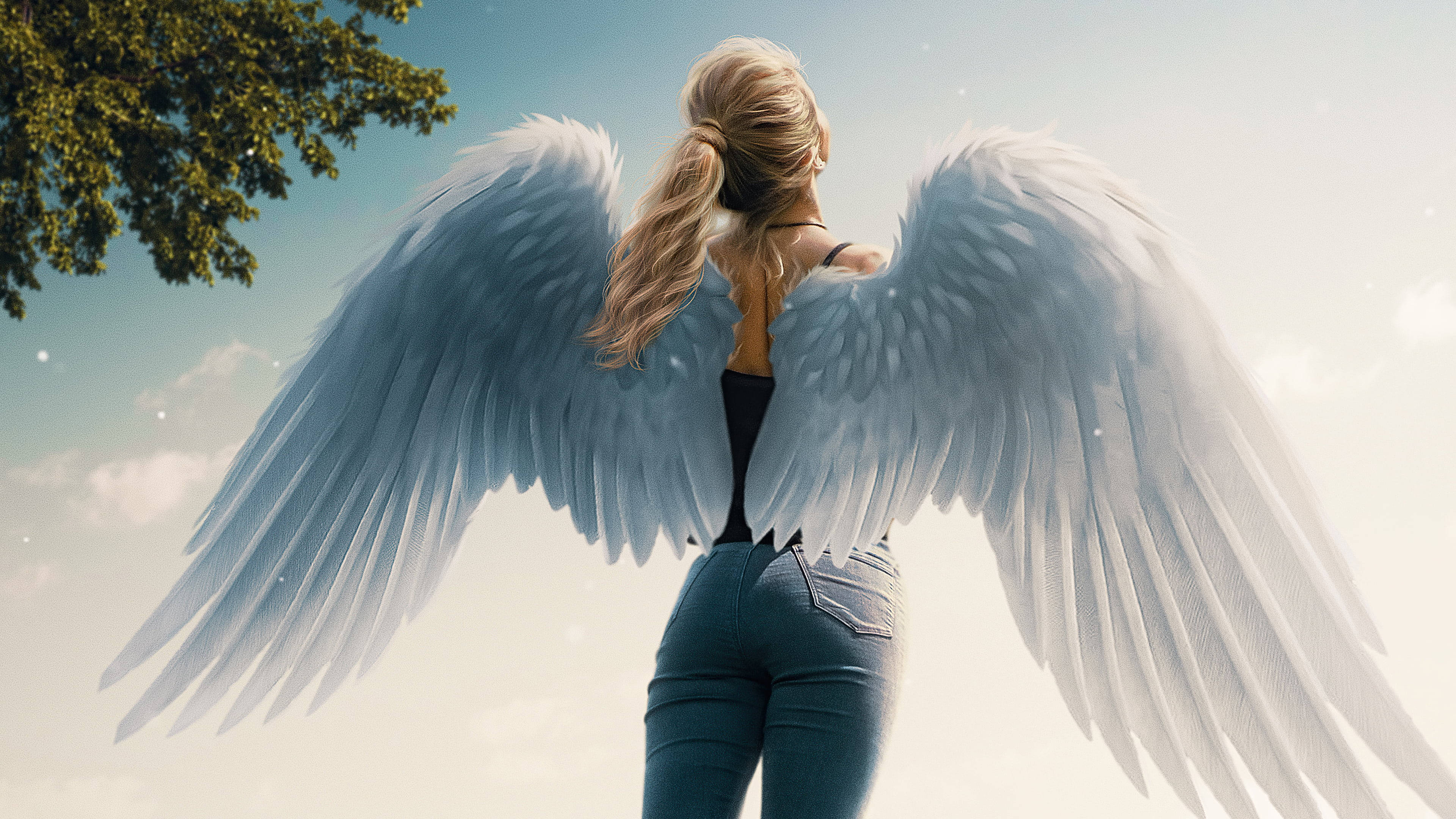 Angel Girl, white wings, bright sky, 4K Desktop Wallpaper