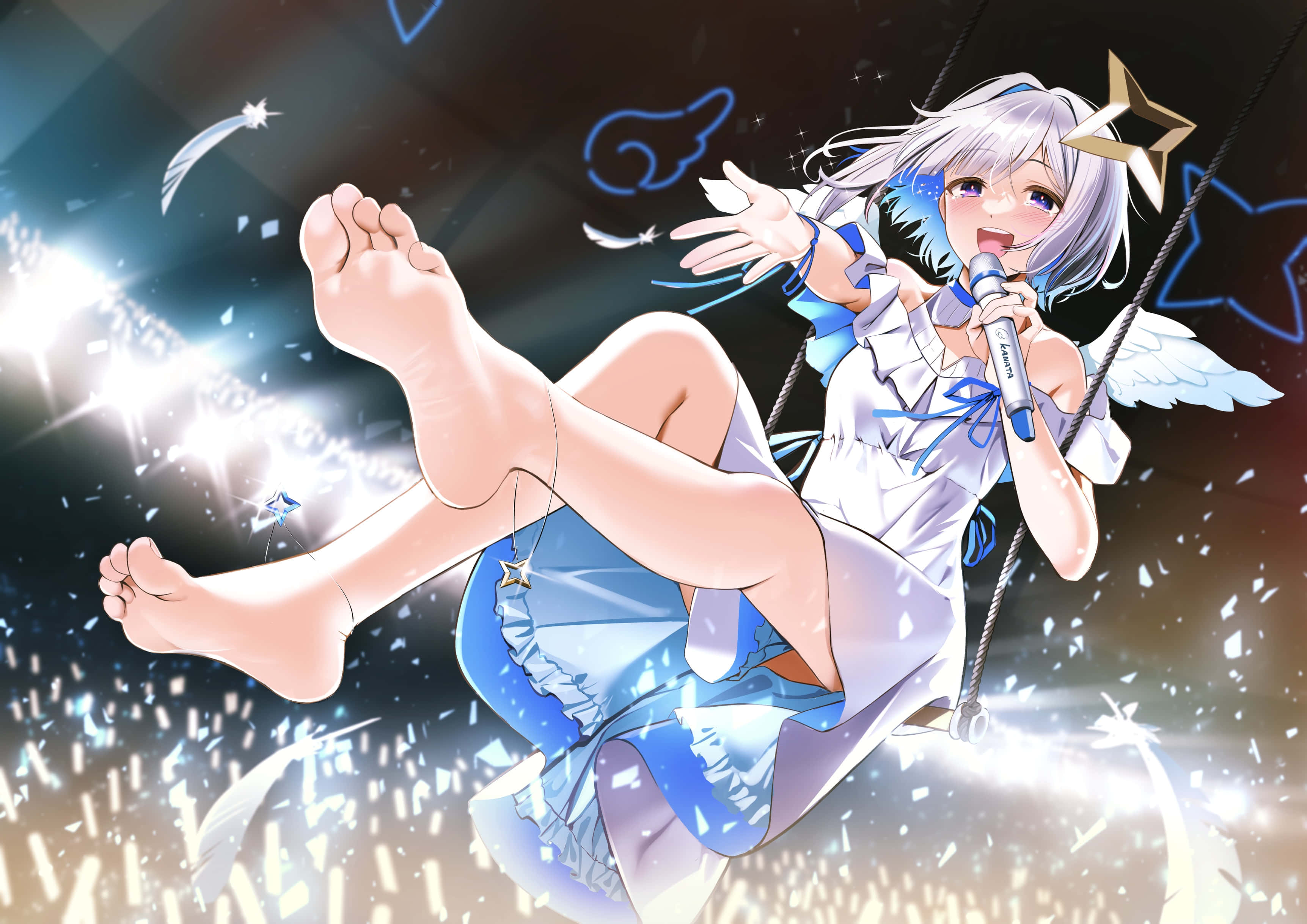 singing angel girl, silver hair, angel wings, 2K Desktop Wallpaper