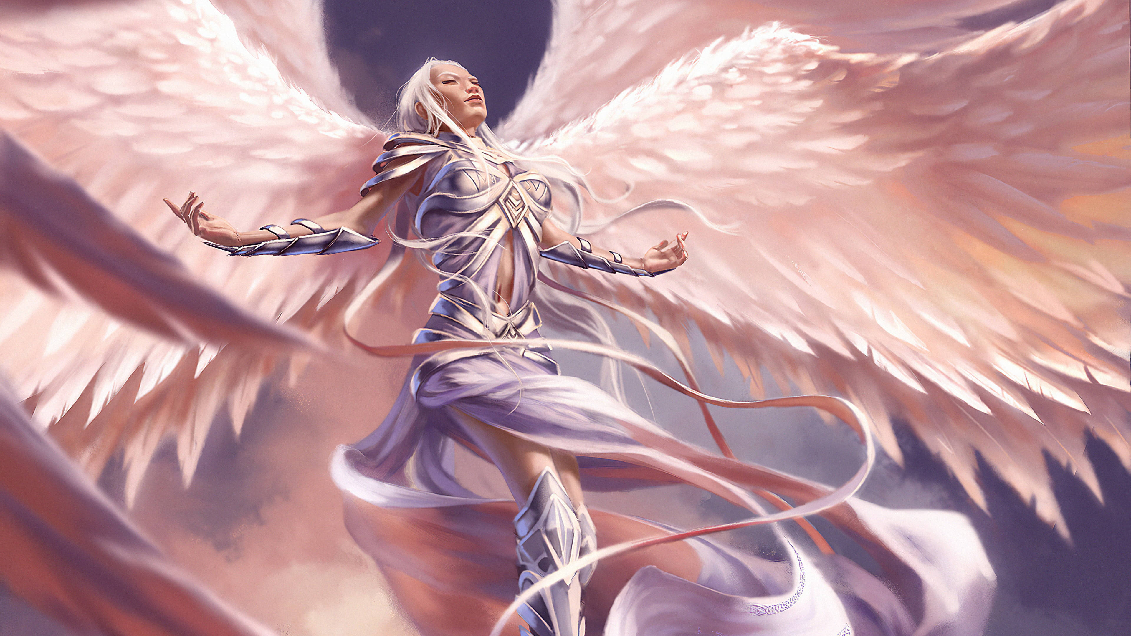 Pink Angel Girl, white wings, soft pink and purple sky, 4K Desktop Wallpaper
