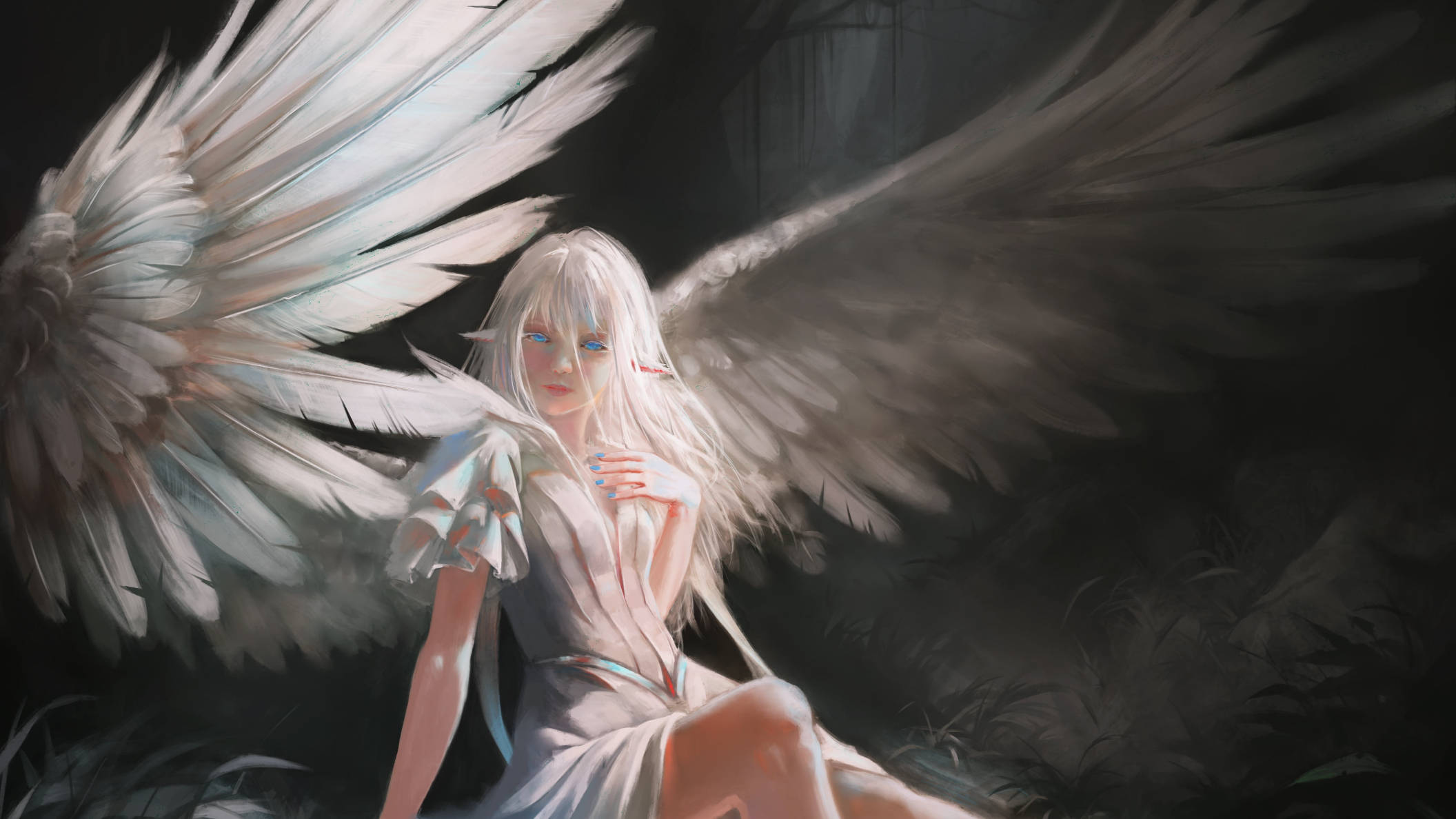 White Angel Girl, pale angel, vast white wings, Full HD Desktop Wallpaper