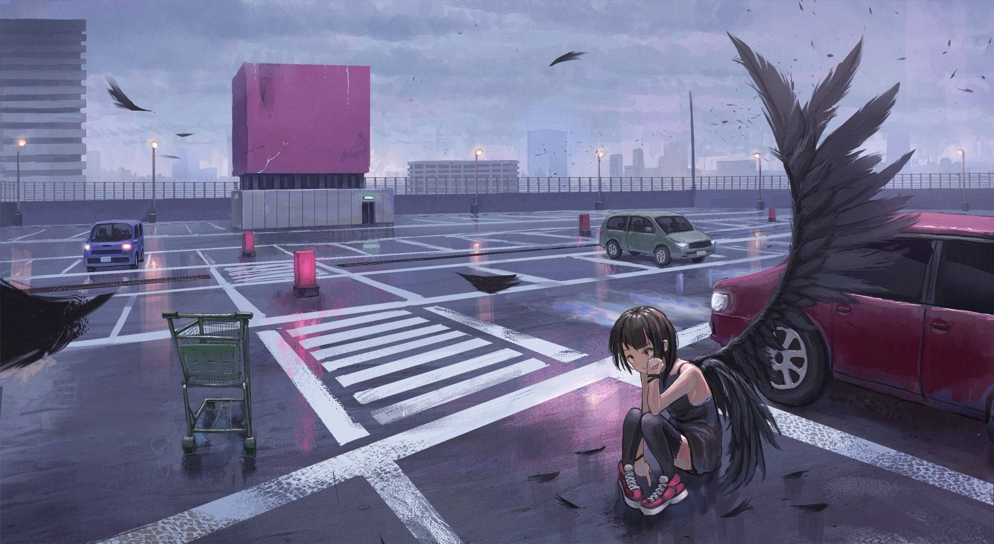 Angel Girl, parking lot, rainy urban, Full HD Desktop Wallpaper