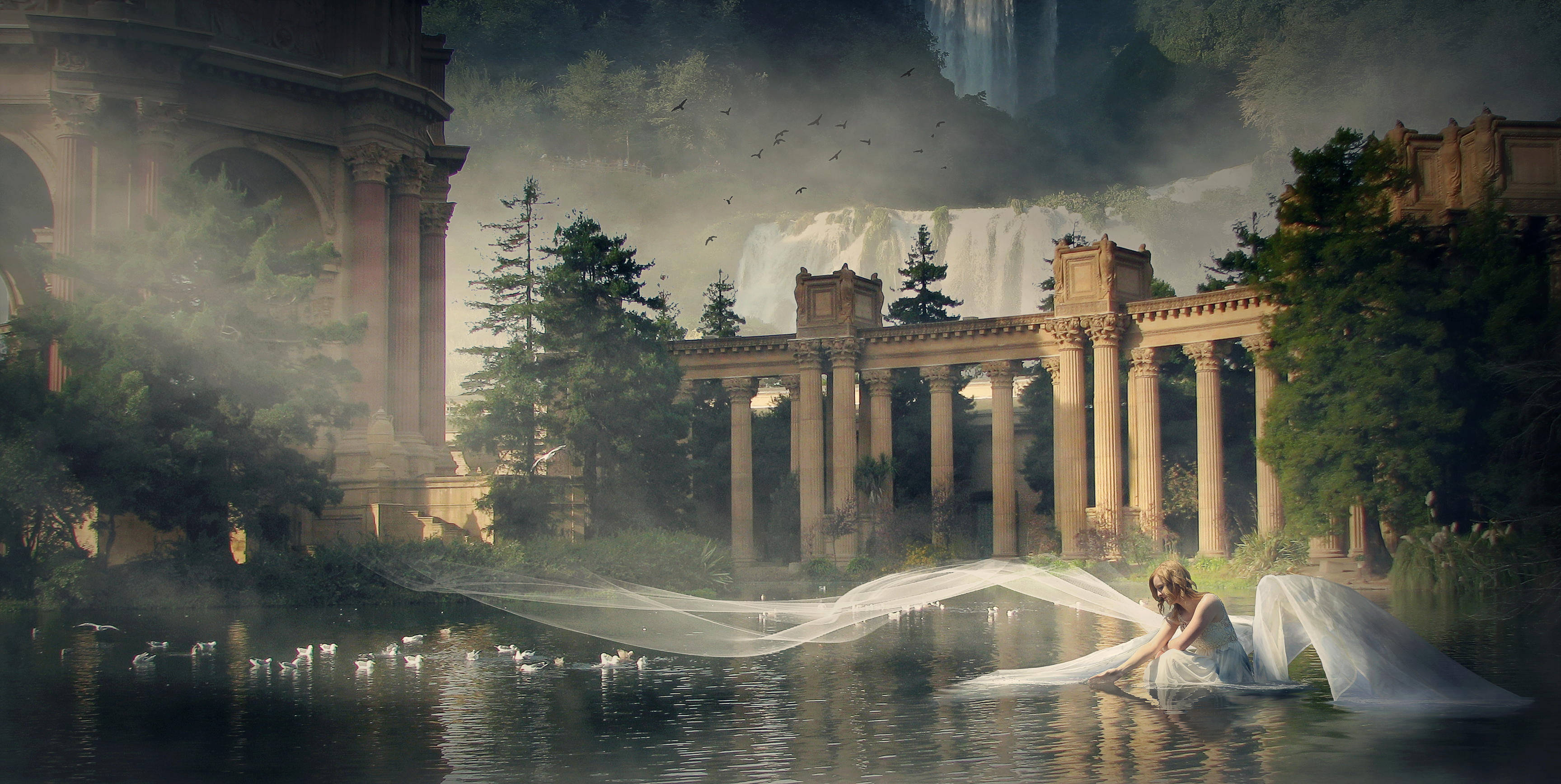 Angel Girl, white gown, water, 2K Desktop Wallpaper