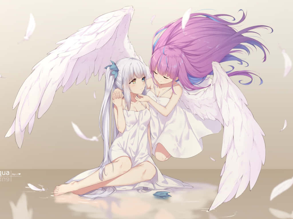 anime angels, white wings, matching white dresses, SD Desktop Wallpaper