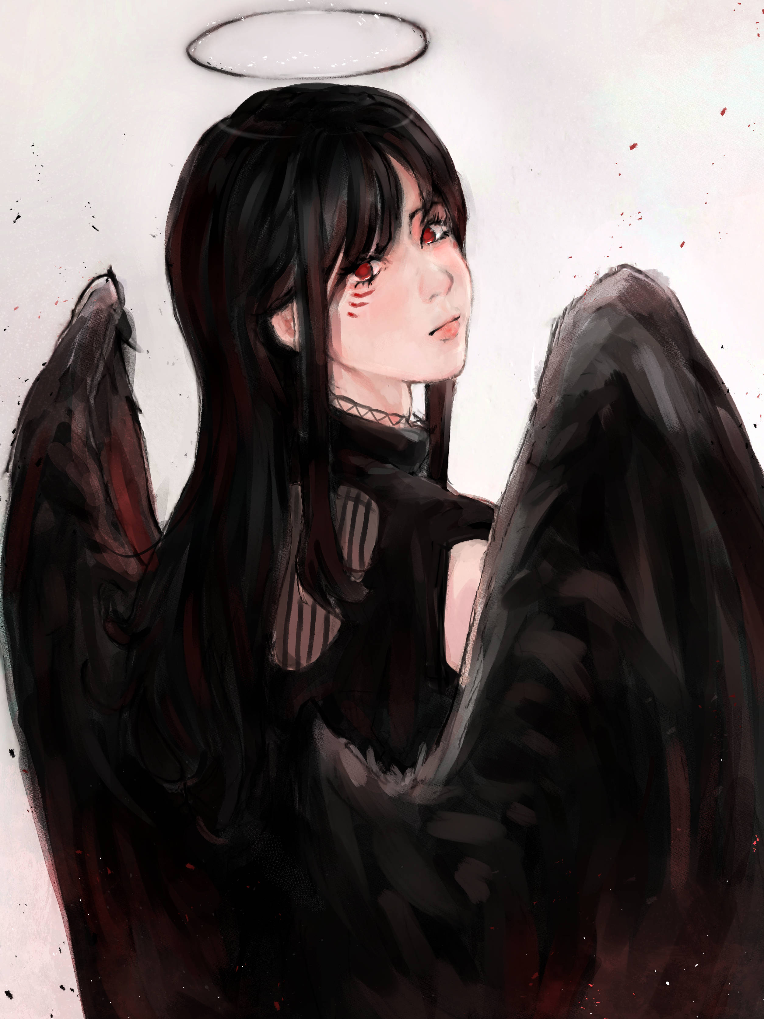 black angel wings, halo, dark-winged angel, 2K Phone Wallpaper