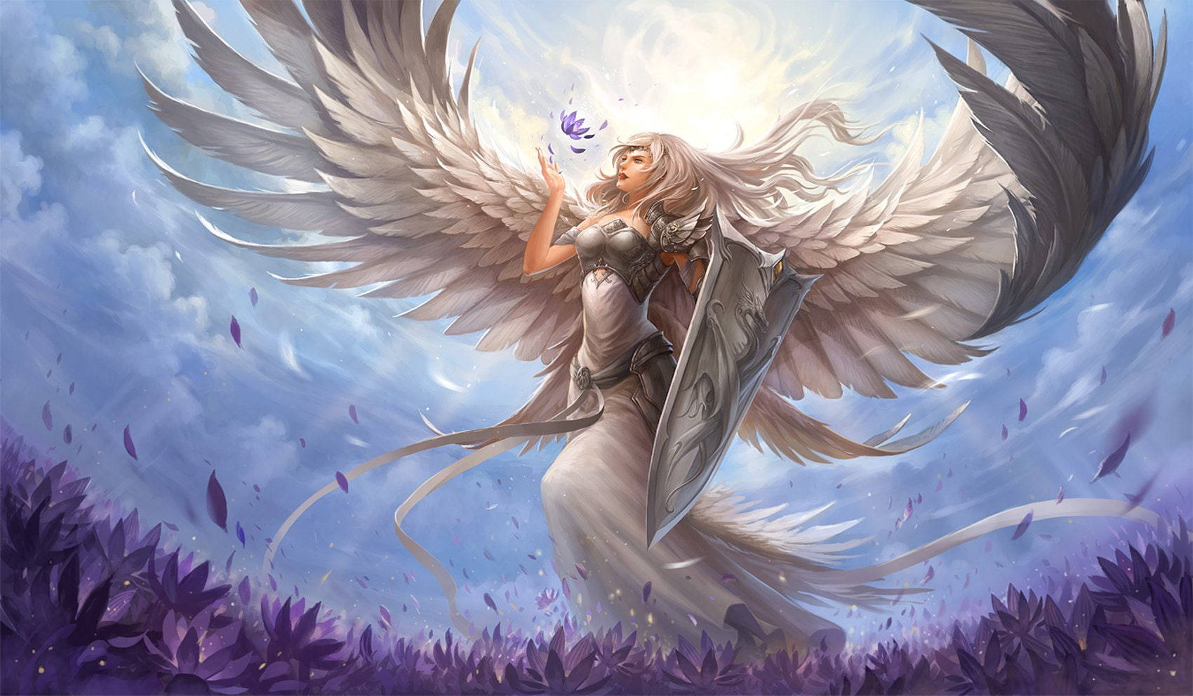 Angel Girl, white wings, field of purple flowers, HD Desktop Wallpaper